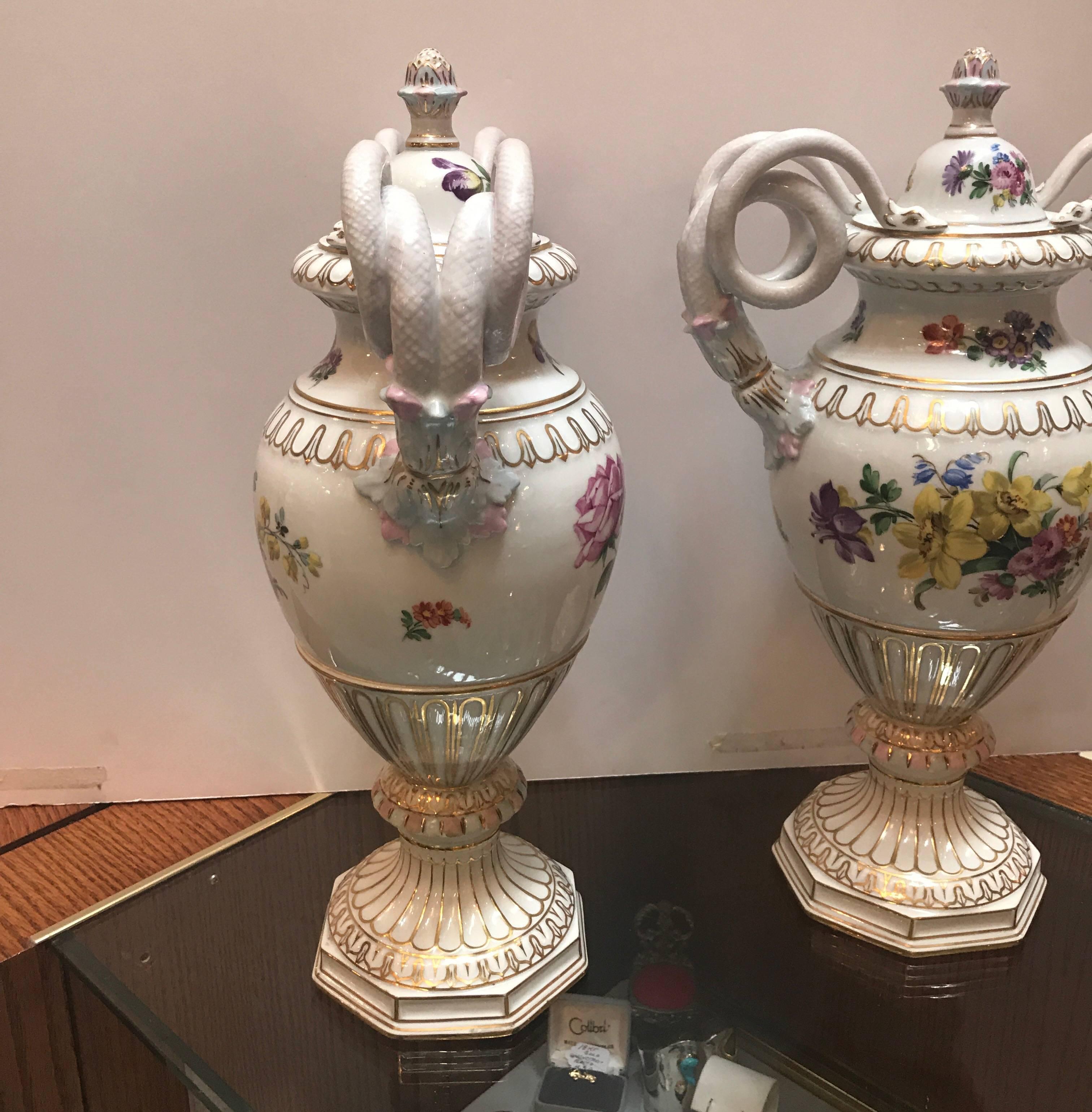 German Pair of Antique Dresden Porcelain Snake Handled Urns