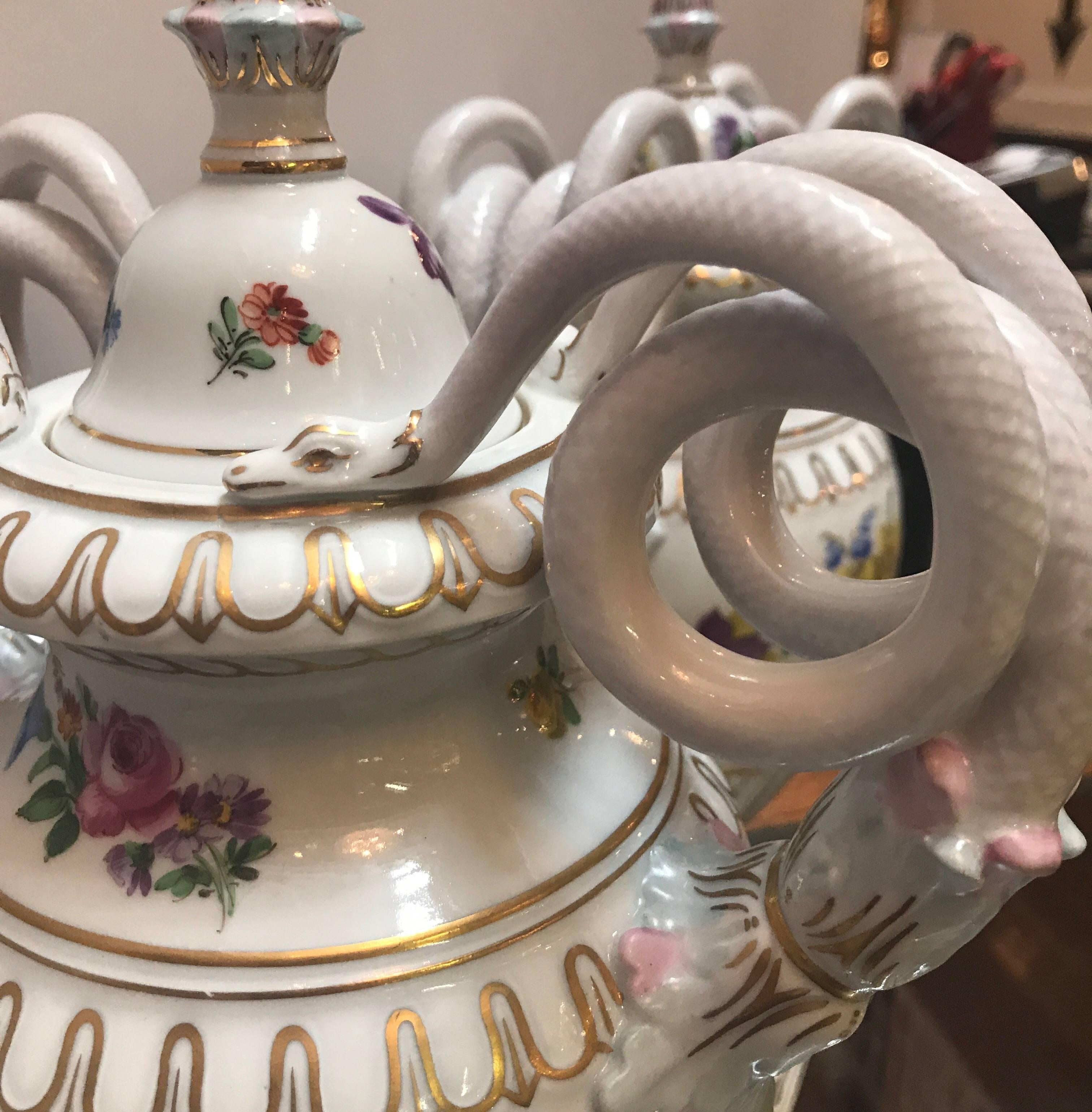 Pair of Antique Dresden Porcelain Snake Handled Urns In Excellent Condition In Lambertville, NJ