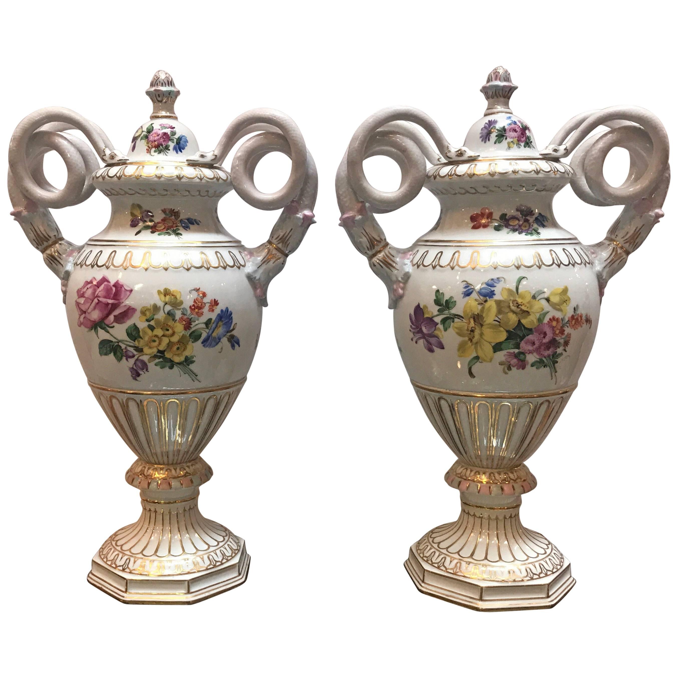 Pair of Antique Dresden Porcelain Snake Handled Urns