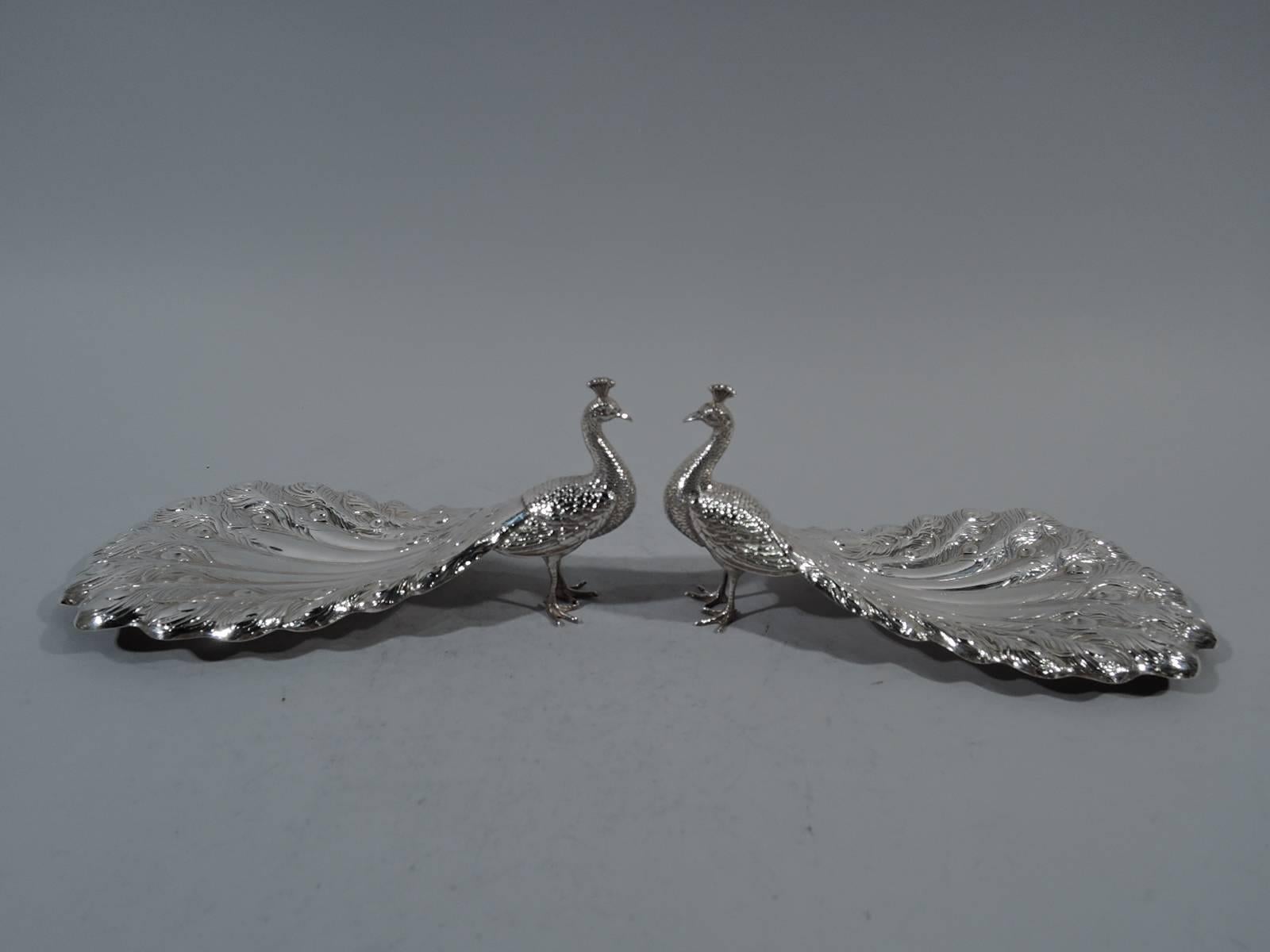 Art Nouveau Pair of Antique Durgin Sterling Silver Peacocks