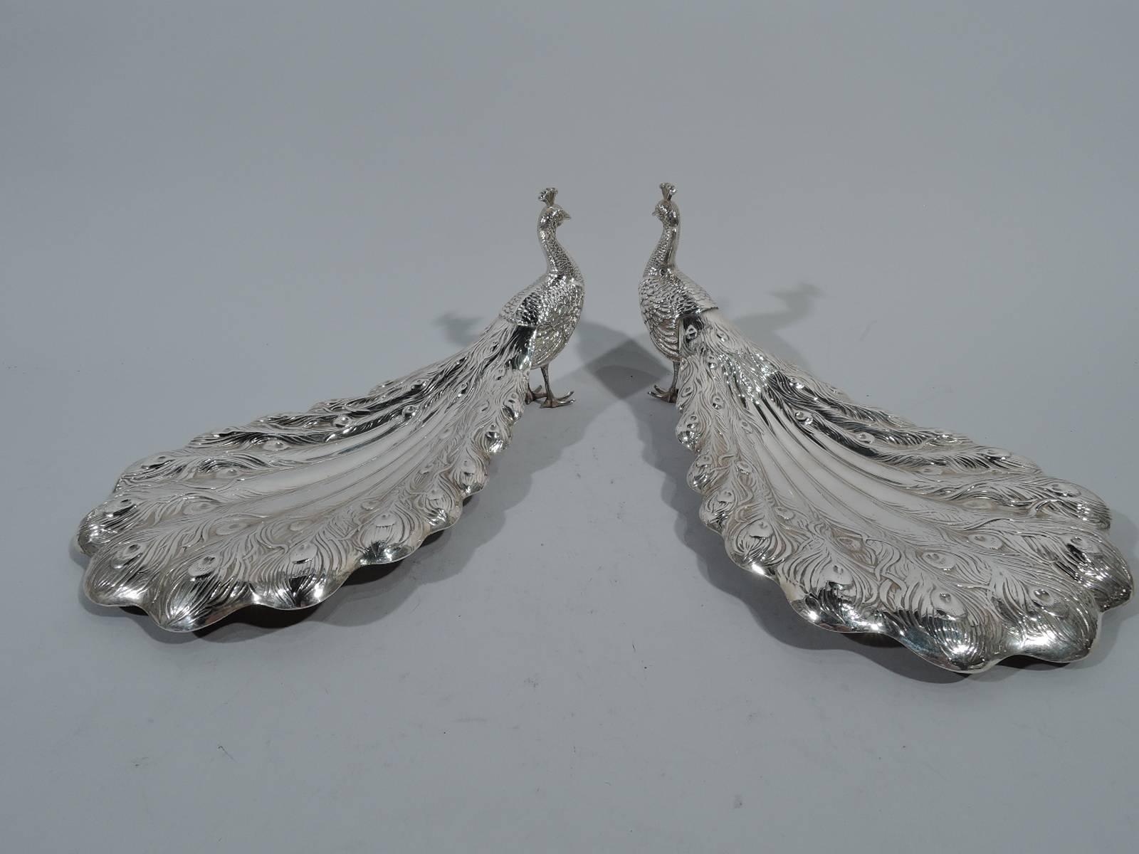 American Pair of Antique Durgin Sterling Silver Peacocks