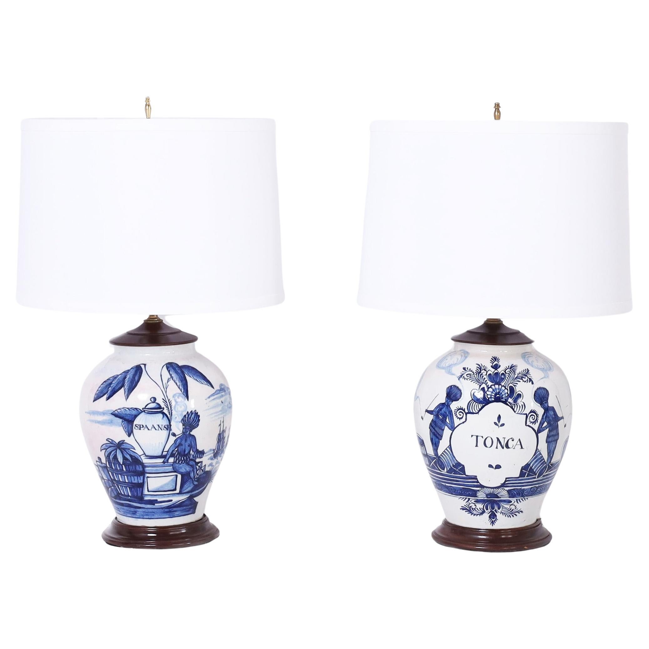 Pair of Antique Dutch Blue and White Porcelain Tobacco Jar Table Lamps For Sale