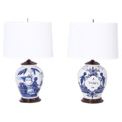 Pair of Antique Dutch Blue and White Porcelain Tobacco Jar Table Lamps