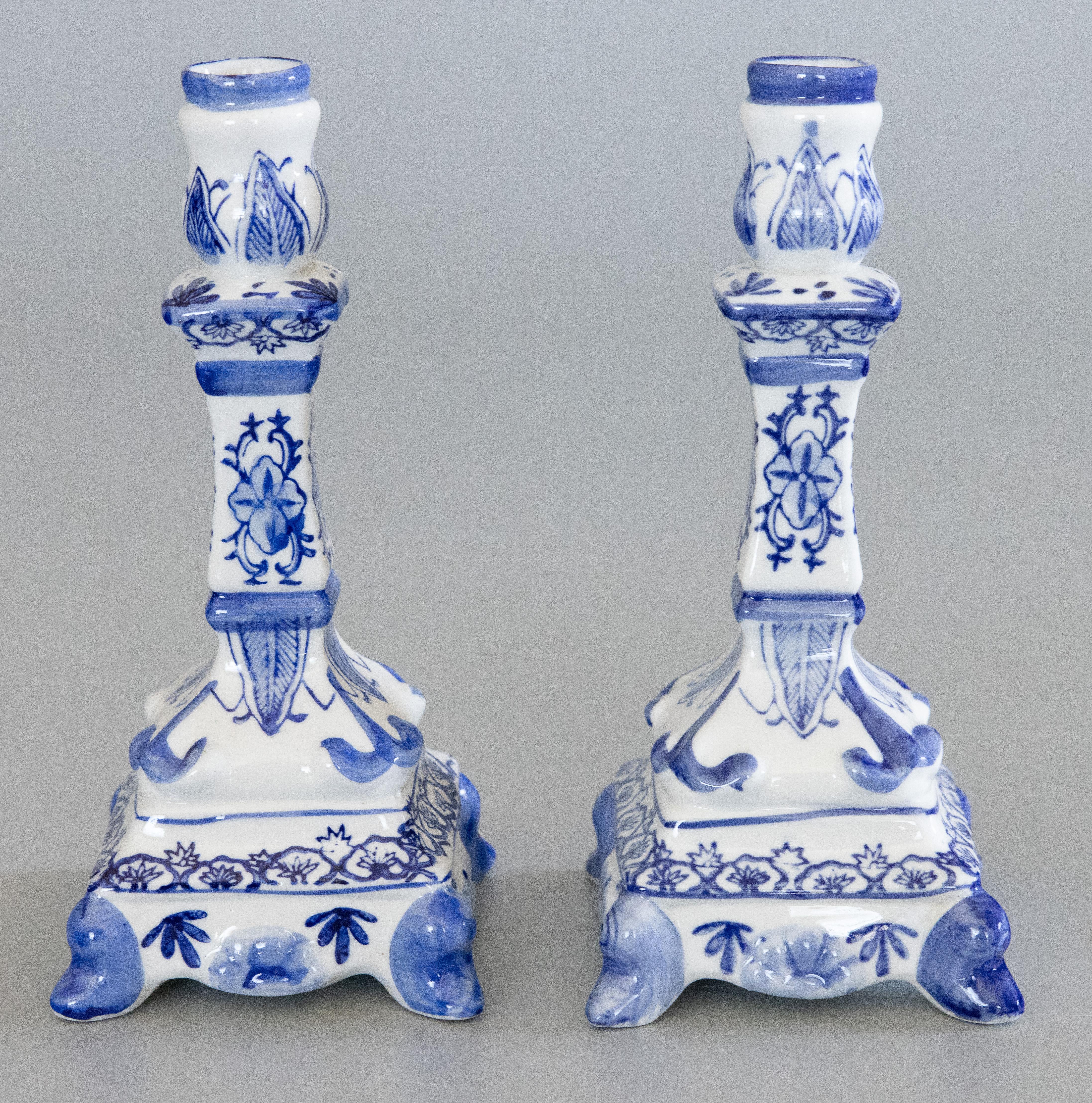 Early 20th Century Pair of Antique Dutch Delft Faience Candlesticks