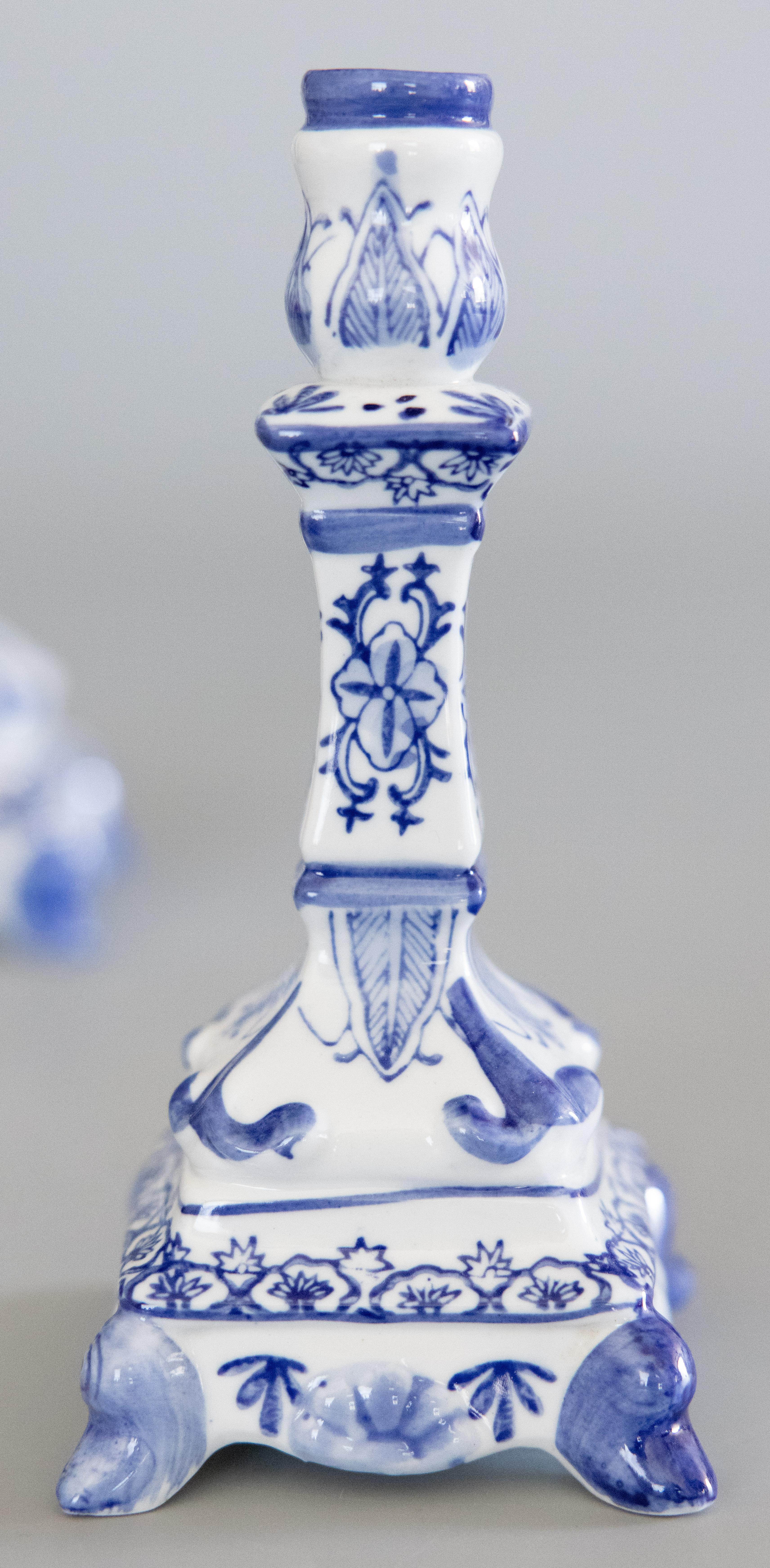 Pair of Antique Dutch Delft Faience Candlesticks In Good Condition In Pearland, TX