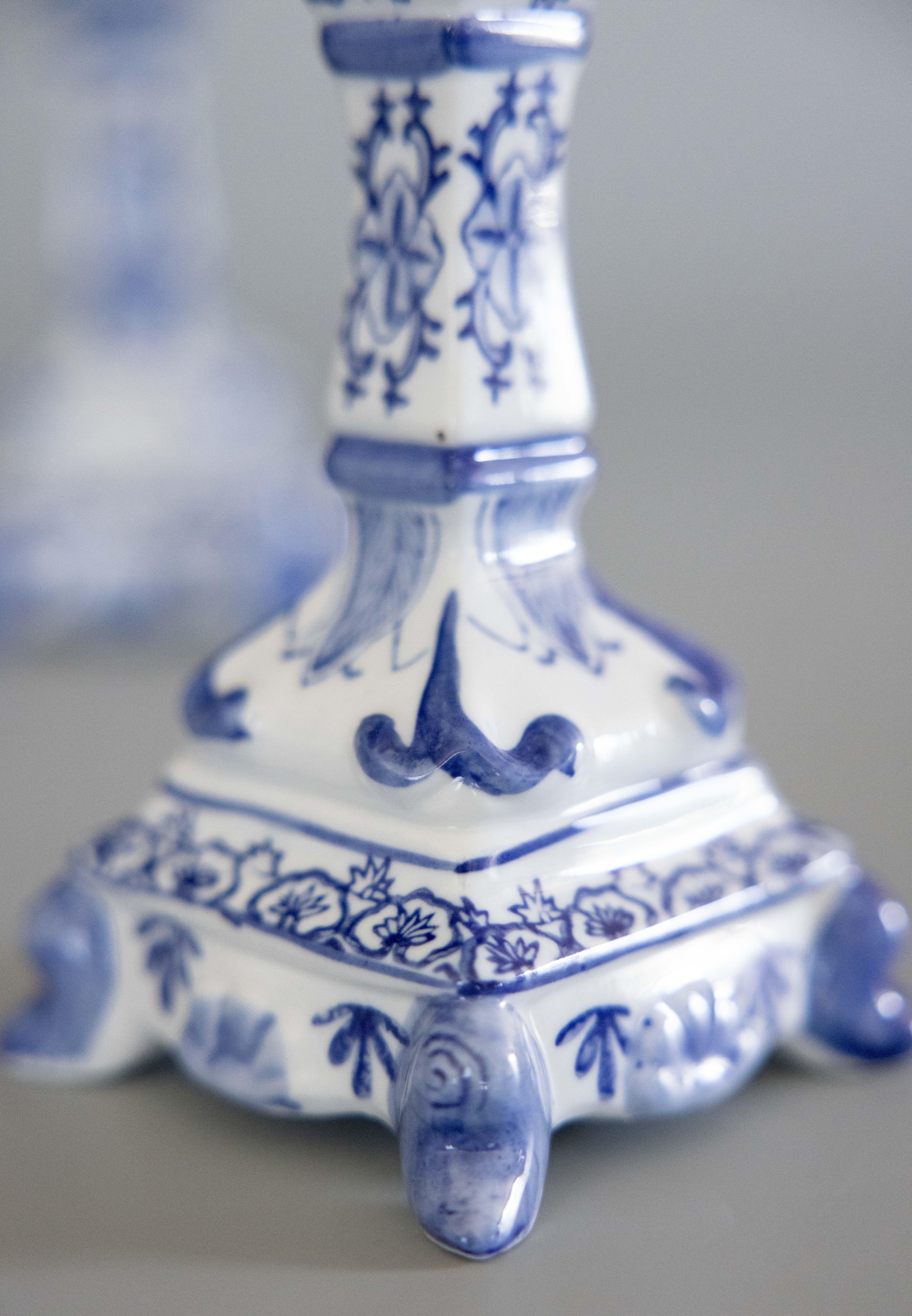 Ceramic Pair of Antique Dutch Delft Faience Candlesticks