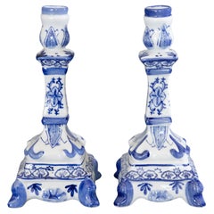 Pair of Antique Dutch Delft Faience Candlesticks