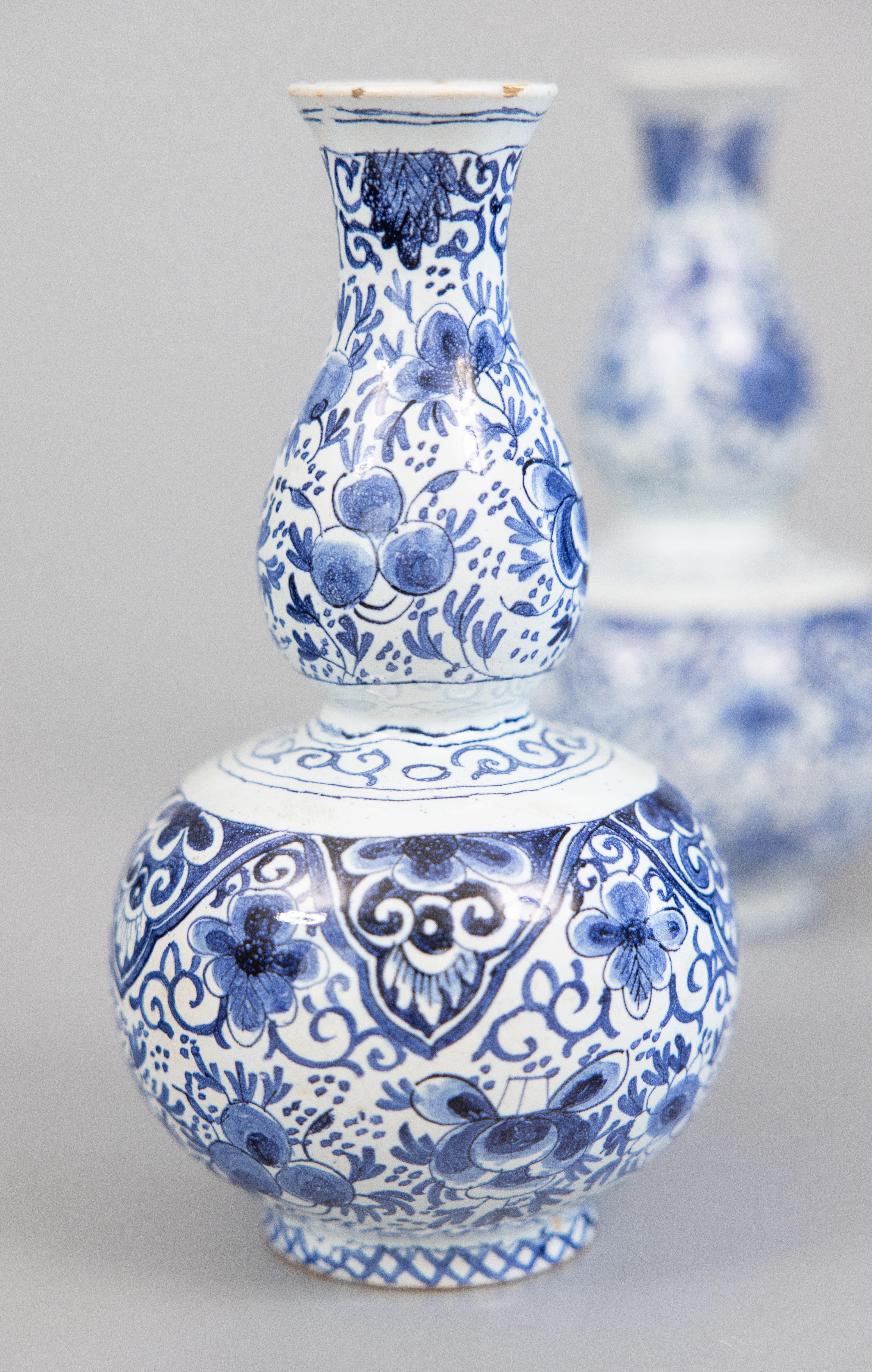 19th Century Pair of Antique Dutch Delft Faience Double Gourd Vases, circa 1800 For Sale