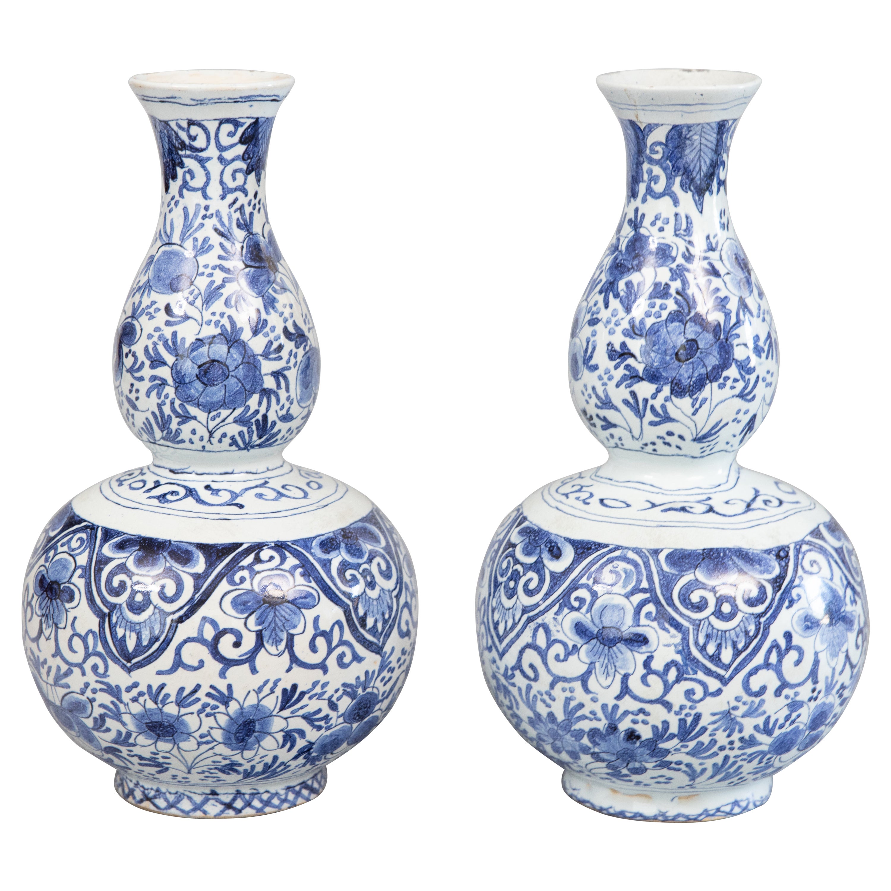 Pair of Antique Dutch Delft Faience Double Gourd Vases, circa 1800 For Sale