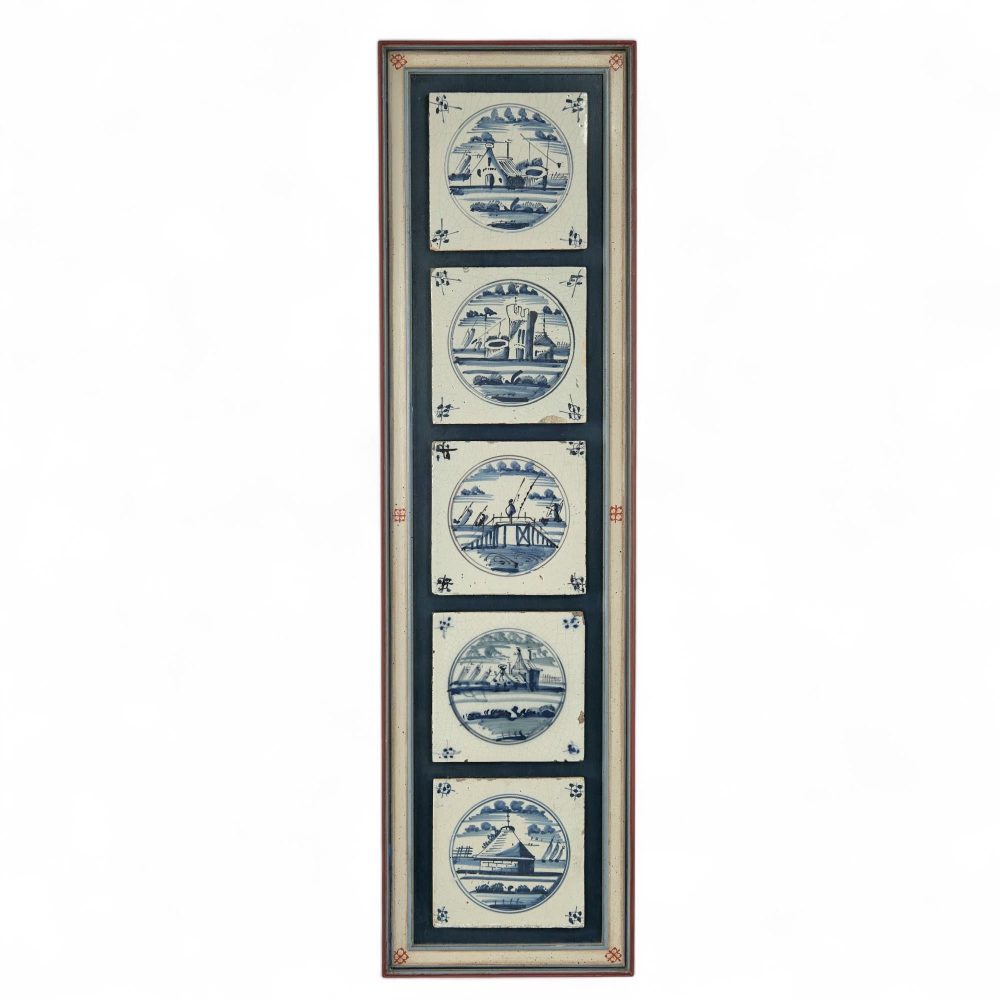 Rare and impressive pair of 18th century Dutch Delft tile grouping displaying their unique architectural subjects and distinctive alluring blue and white palette. Presenting five in each group in painted wood frames.