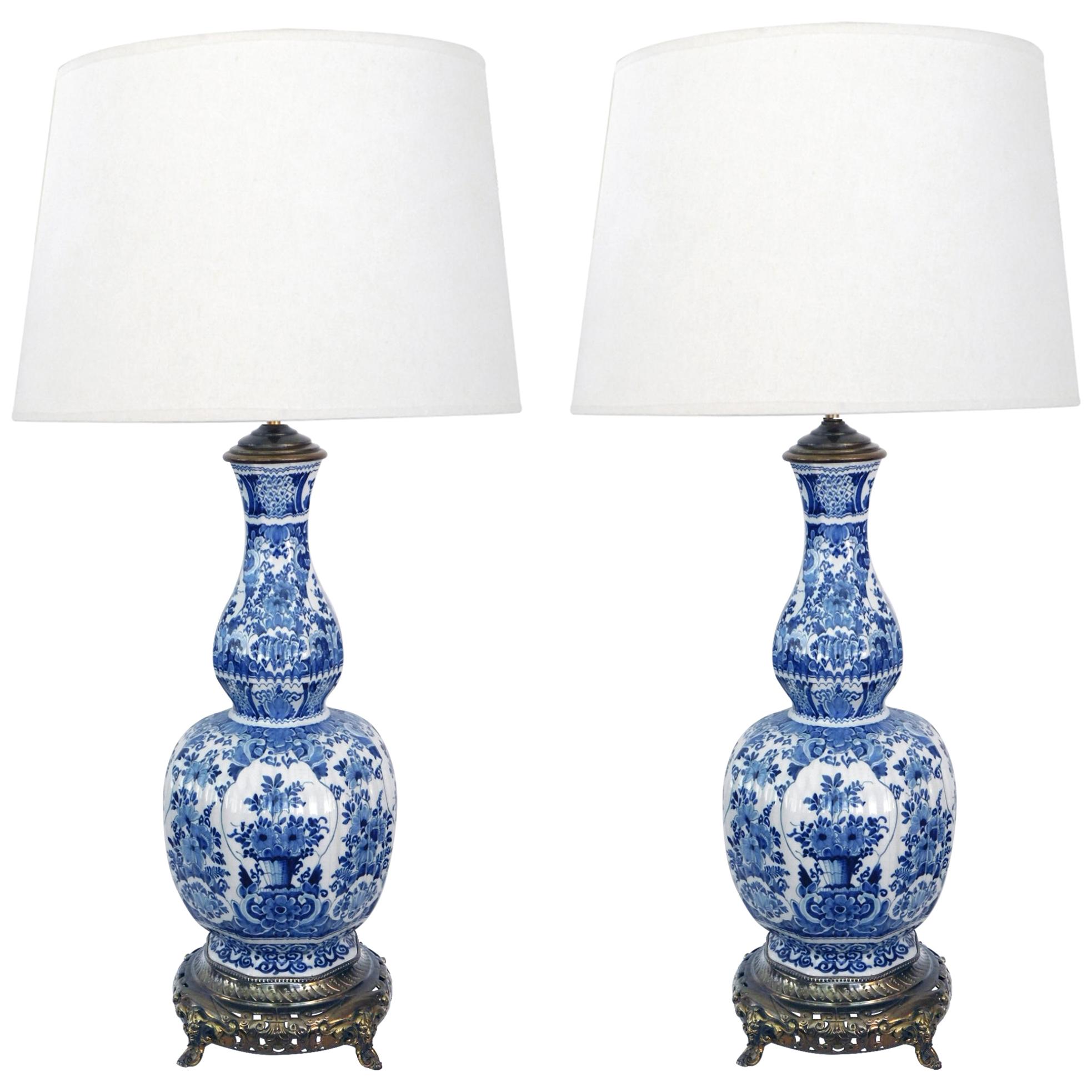 Pair of Antique Dutch Delftware Blue and White Double-Baluster Lamps