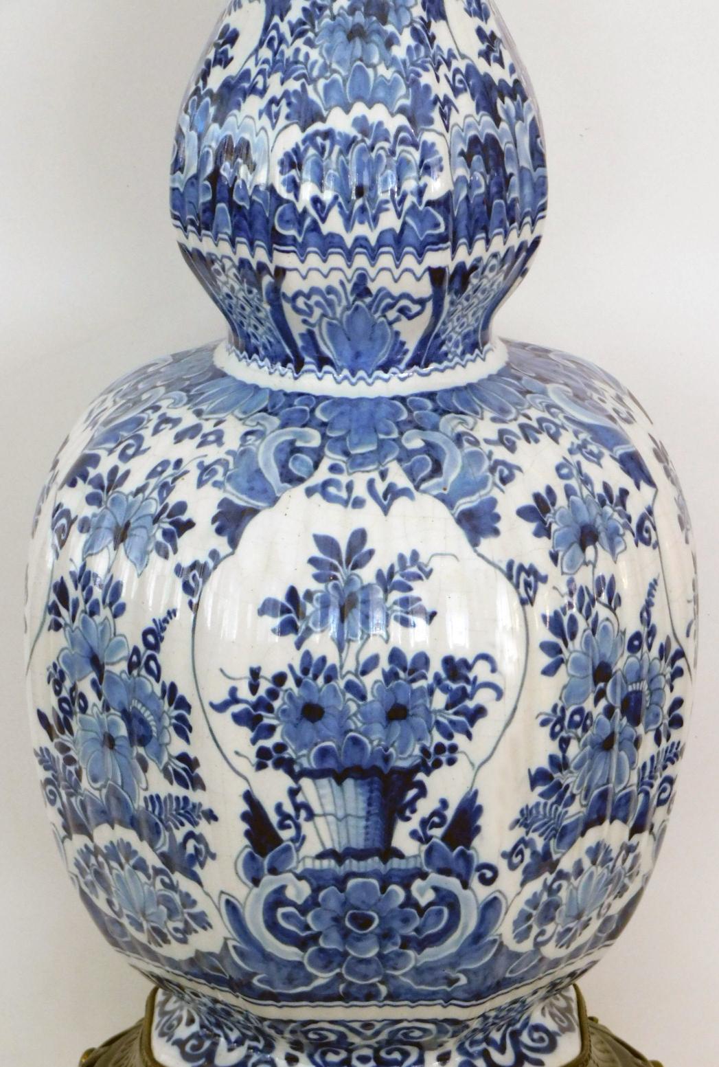 Chinoiserie Pair of Antique Dutch Delftware Blue and White Double-Baluster Lamps For Sale