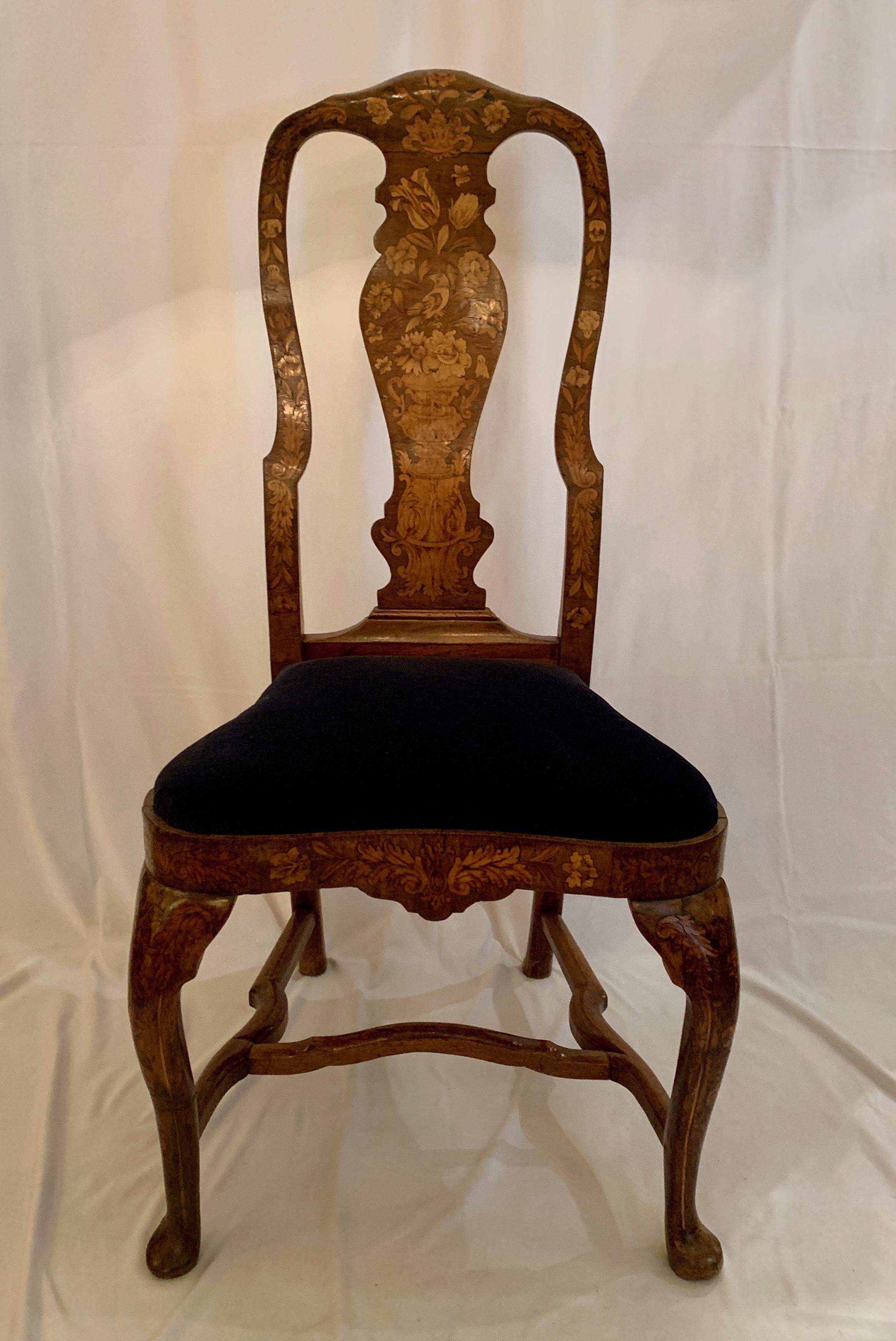 Pair Antique Queen Anne Style Dutch Marquetry Walnut Chairs, Circa 1810-1820.
These beautiful, and old, Dutch marquetry chairs appeal to collectors and fanciers of marquetry and handsome design in equal measure.

          