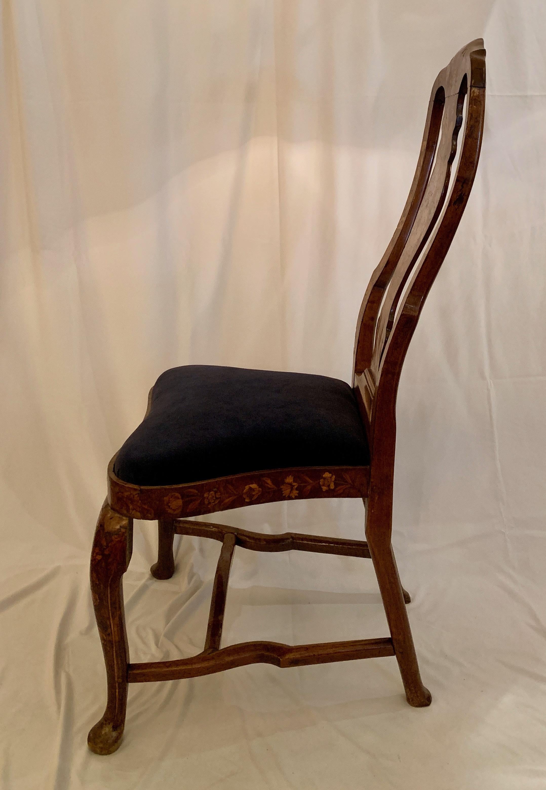 Pair Antique Queen Anne Style Dutch Marquetry Walnut Chairs, Circa 1810-1820. In Good Condition In New Orleans, LA