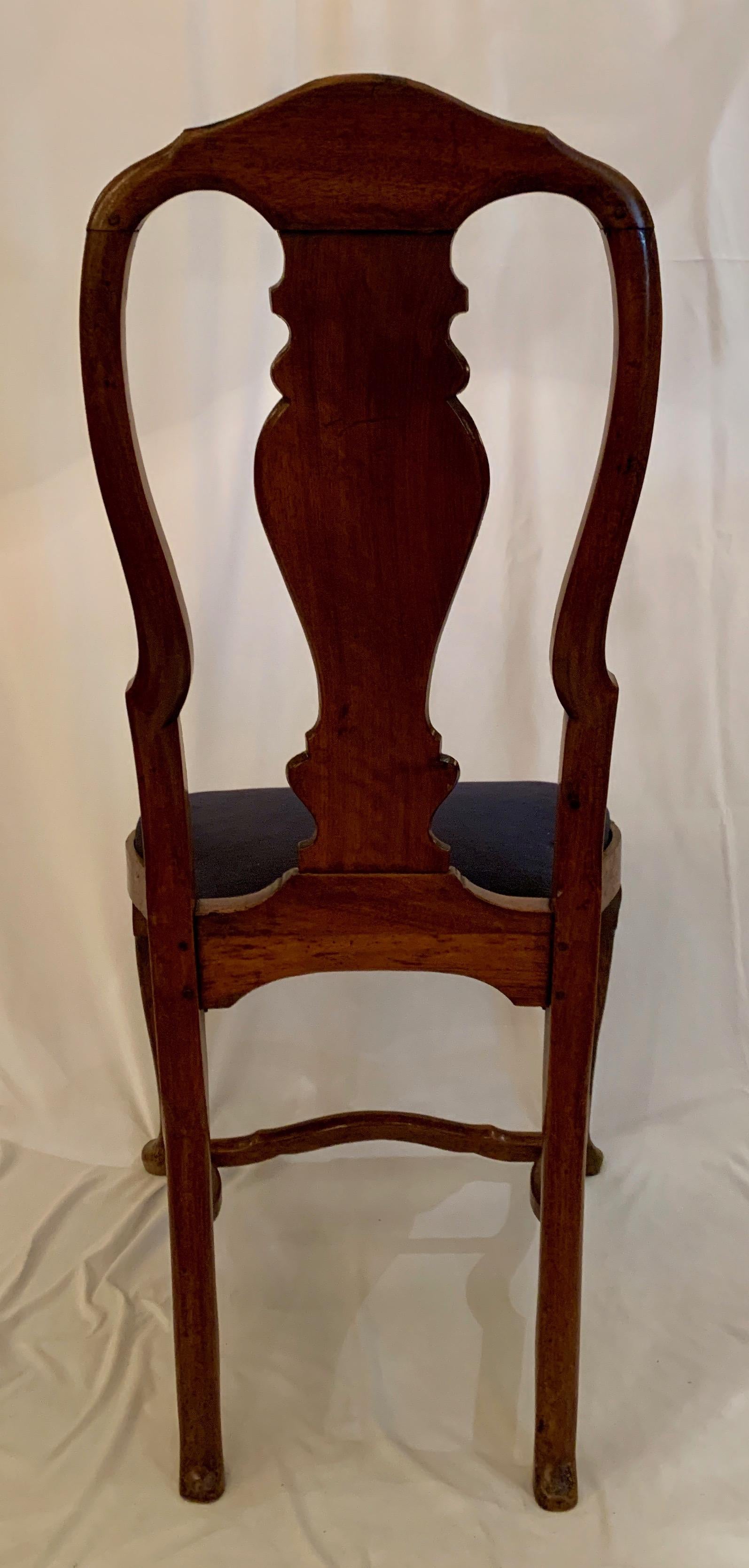 19th Century Pair Antique Queen Anne Style Dutch Marquetry Walnut Chairs, Circa 1810-1820.