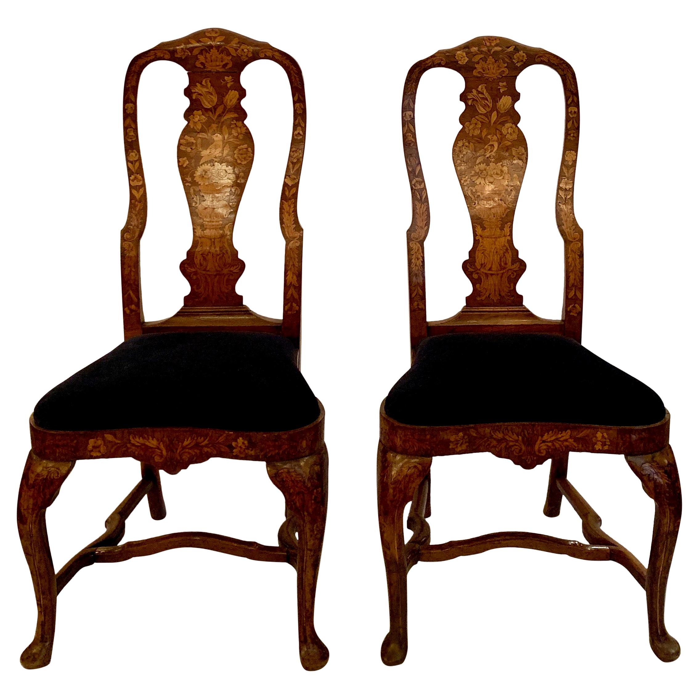 Pair Antique Queen Anne Style Dutch Marquetry Walnut Chairs, Circa 1810-1820.