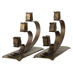 Pair Of Antique E. T. C. Fish Arts & Crafts Hammered Brass 3-Light Candelabra