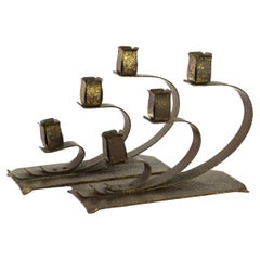 Pair Of Antique E. T. C. Fish Arts 
Crafts Hammered Brass 3-Light Candelabra