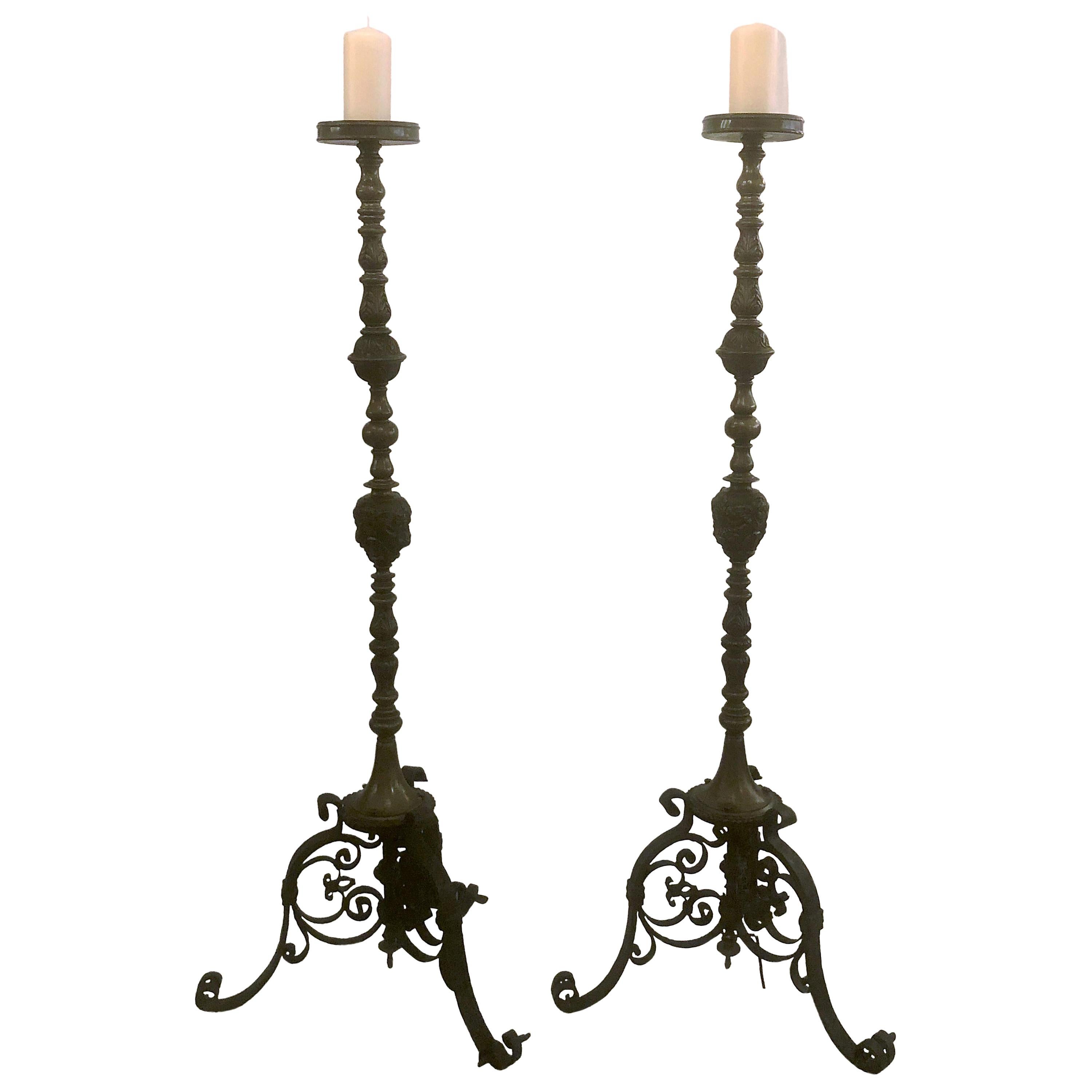 Pair of Antique Early 19th Century Bronze and Iron Torchieres For Sale