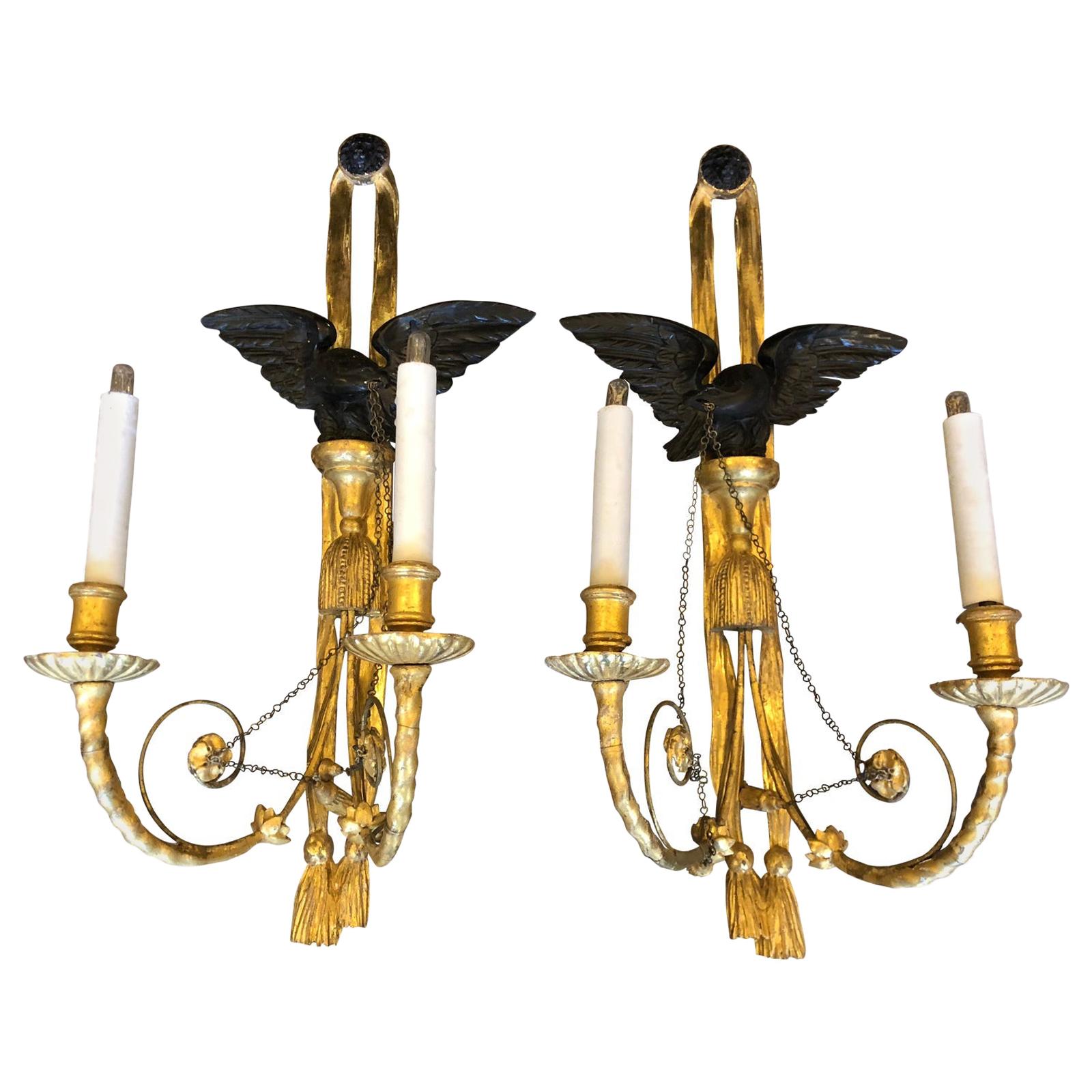 Pair of Antique Early 19th Century Federal Giltwood Wall Sconces with Eagles For Sale