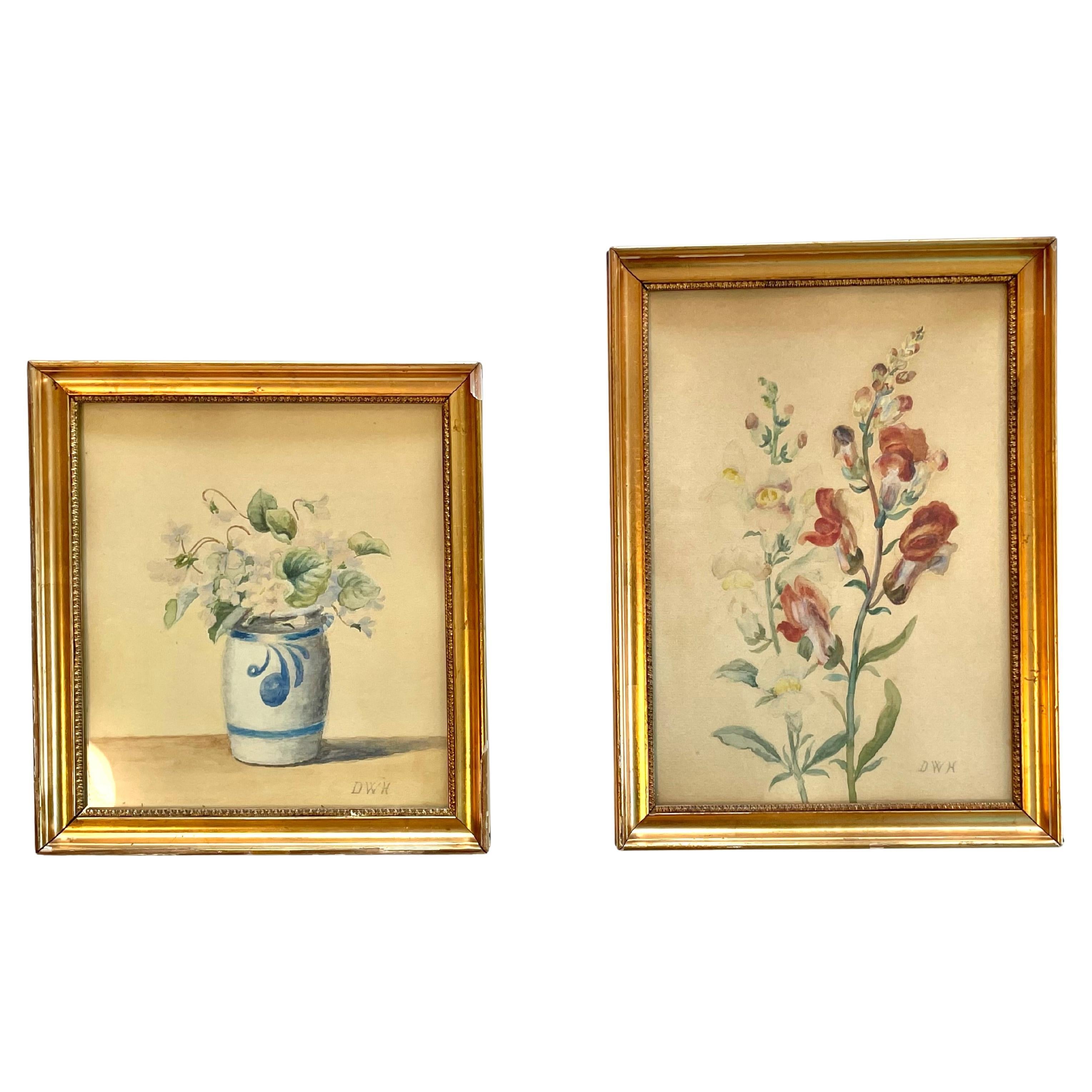 Pair of antique early 20th century original still life floral watercolours