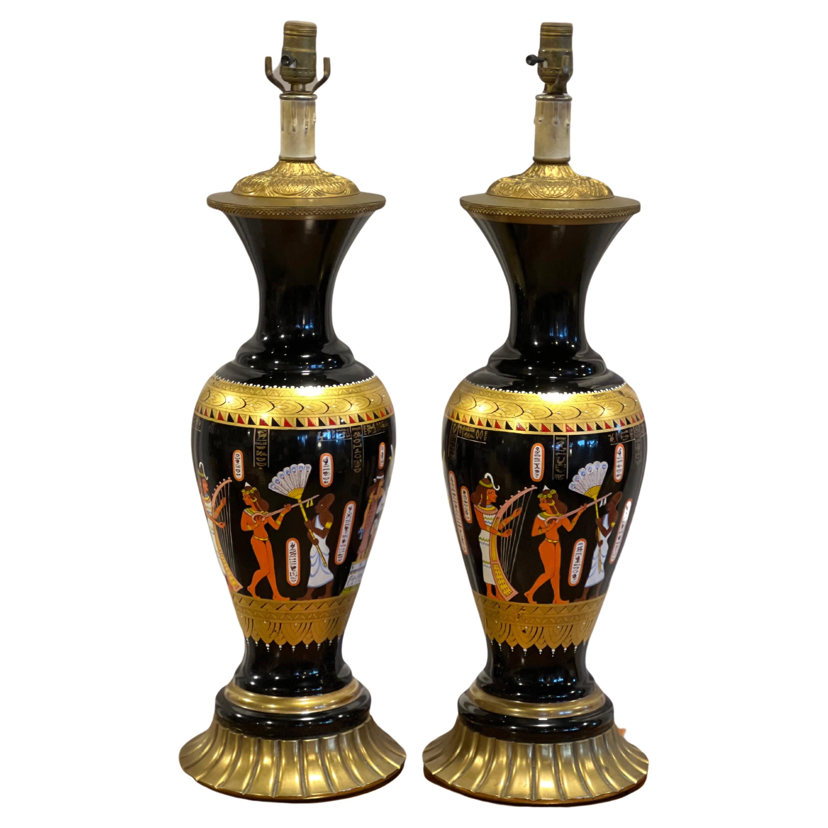 Pair of Antique Early 20th Century Paris Porcelain Egyptian Revival Lamps