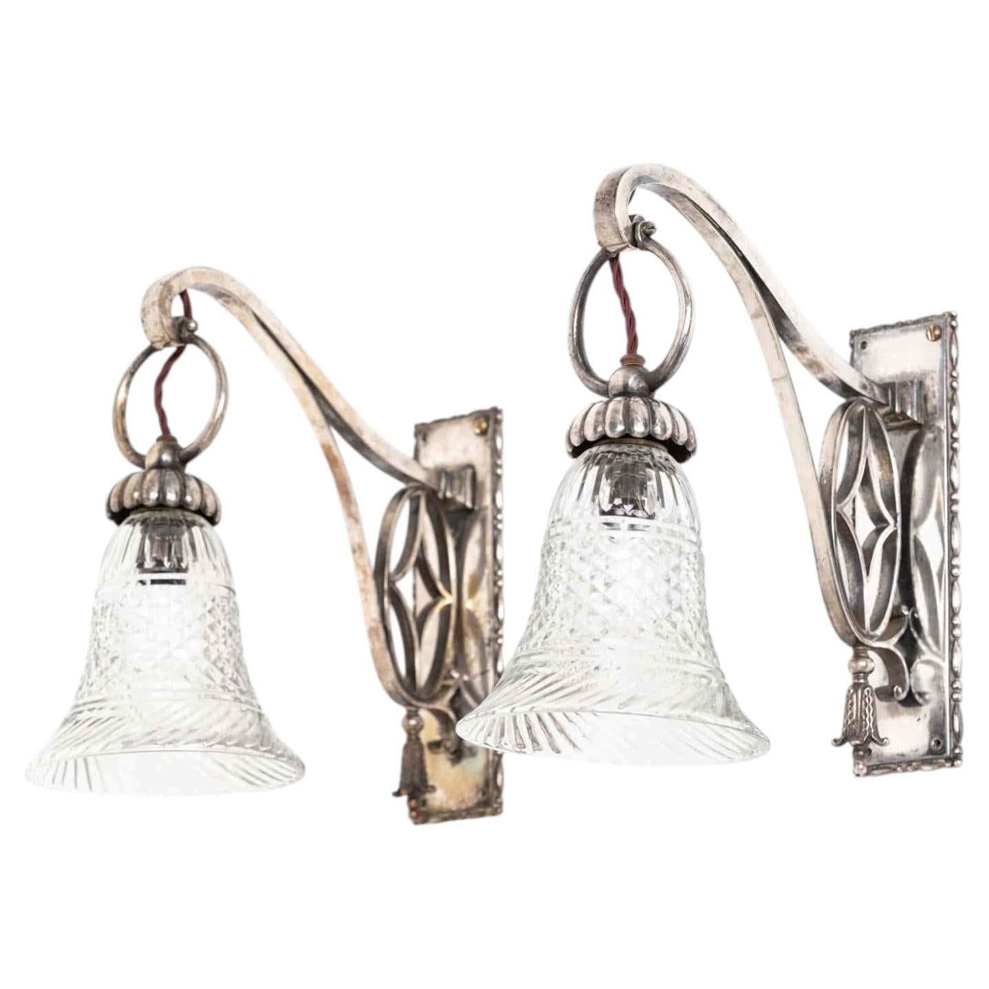 Pair of Antique Early 20th Century Silver GEC Cut Glass Wall Lamps. c.1920