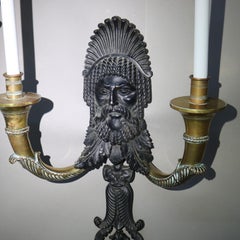 Antique Ebonized Bronze & Brass Figural Indian Chief Wall Sconces C1920