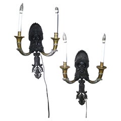Pair of Antique Ebonized Bronze & Brass Figural Indian Chief Wall Sconces C1920