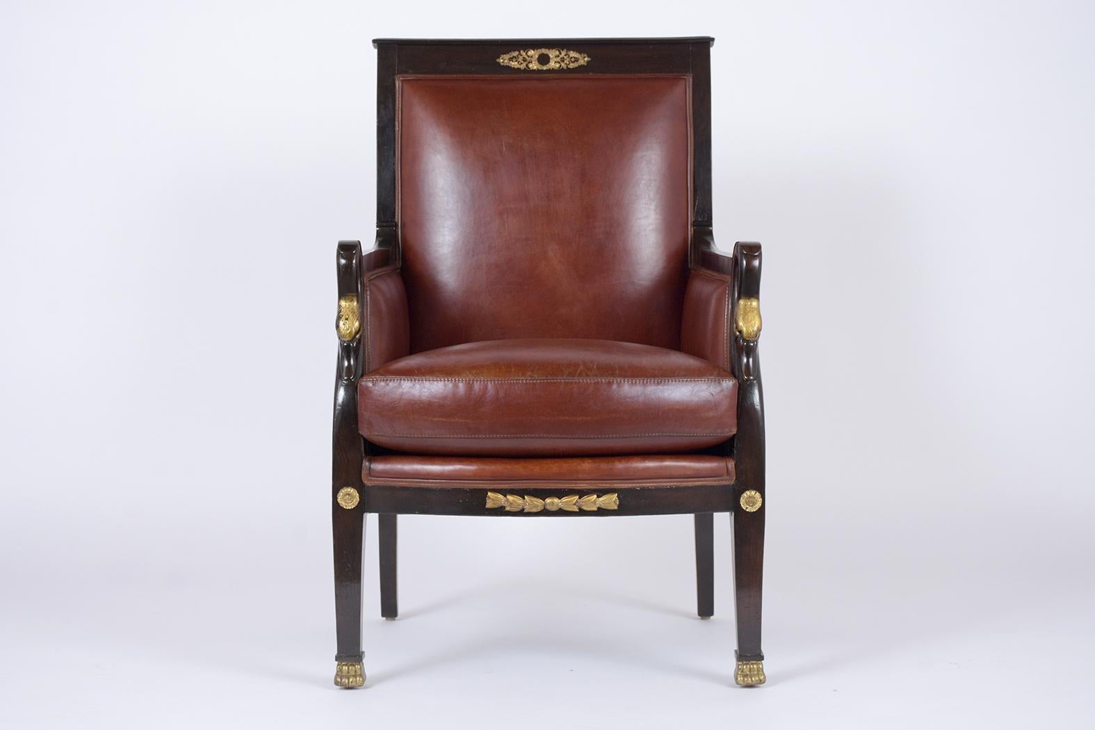 Stained Pair of Traditional French 19th Century Empire Leather Armchairs