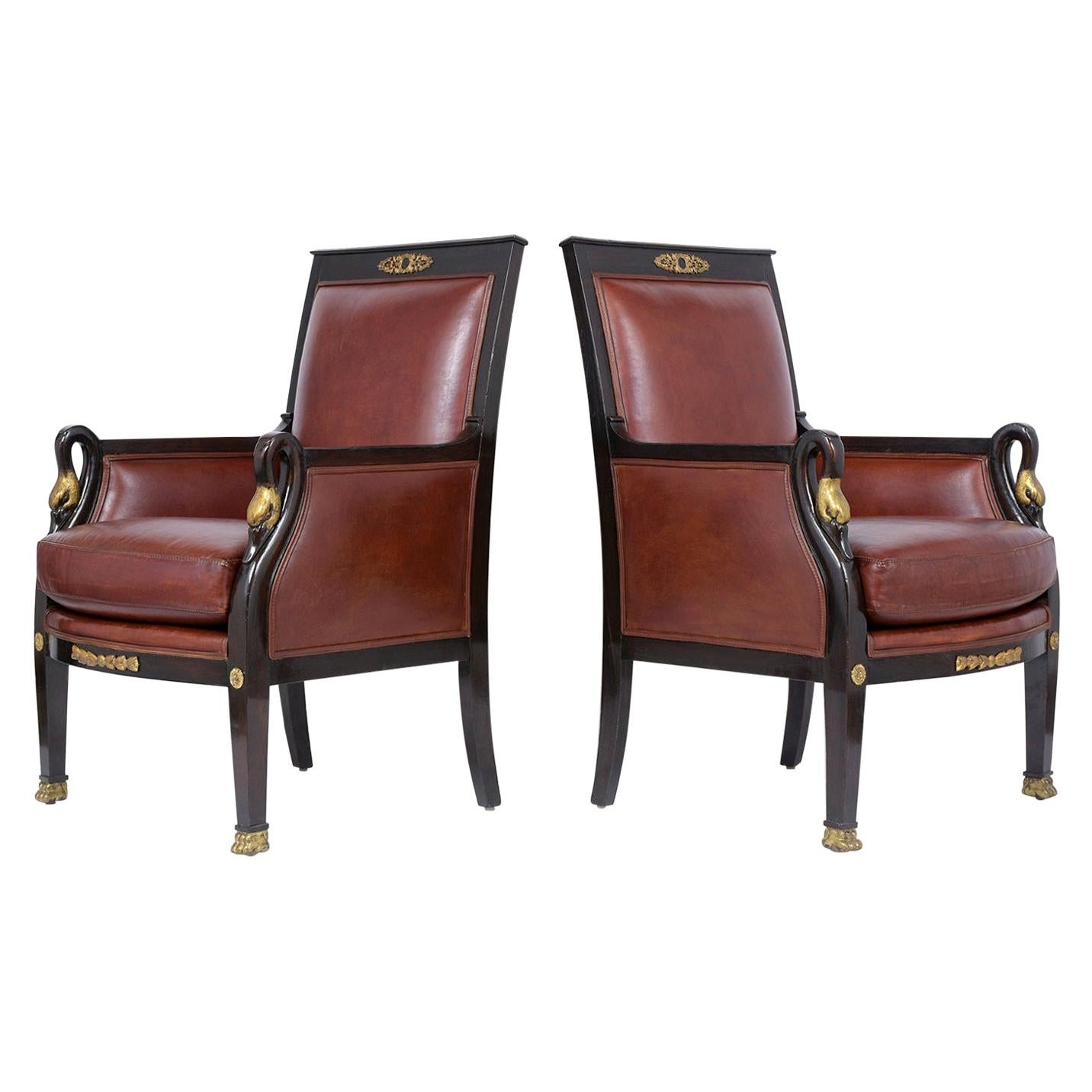Pair of Traditional French 19th Century Empire Leather Armchairs