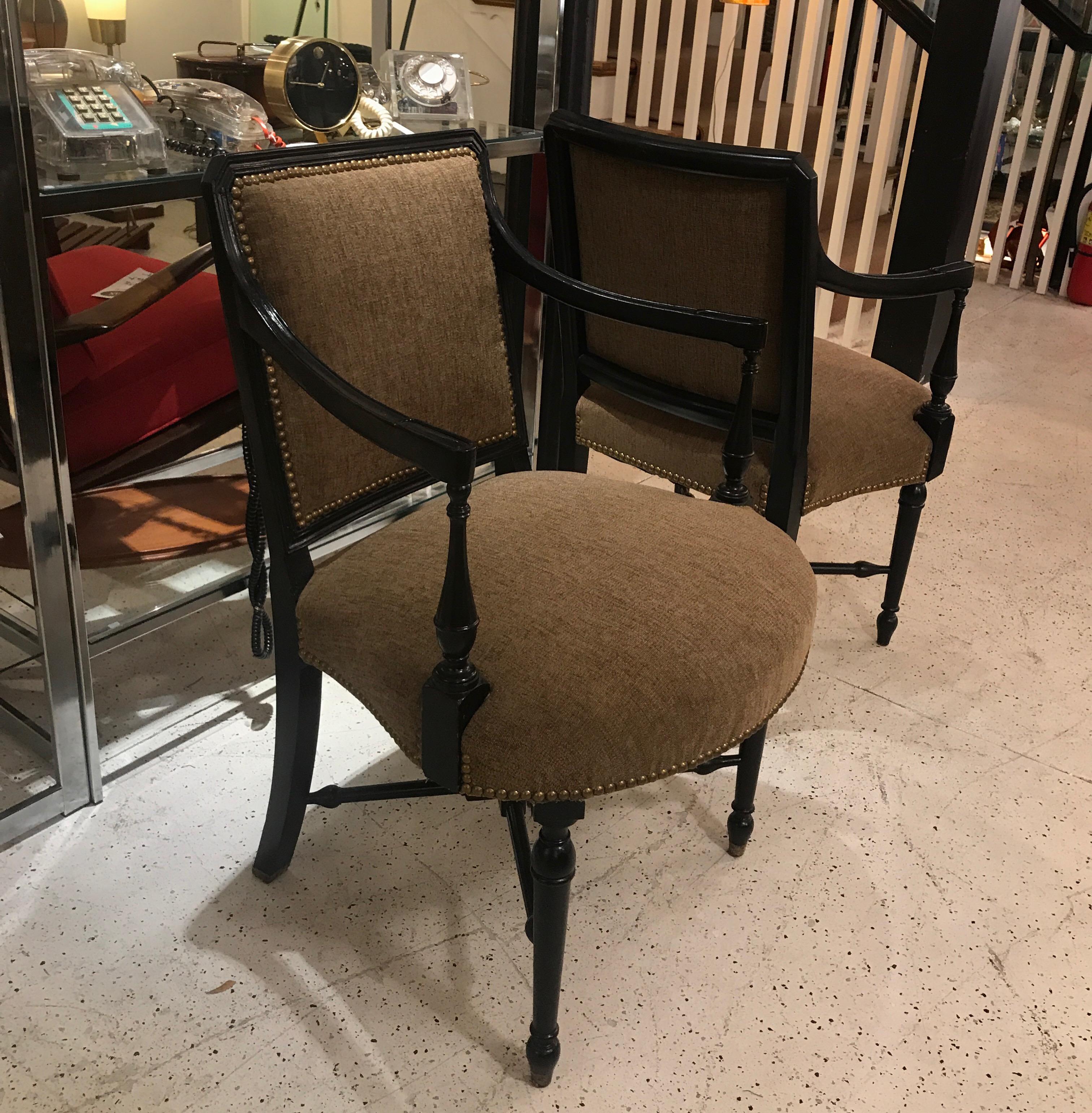 Pair of Antique Ebonized Upholstered Accent Armchairs 4