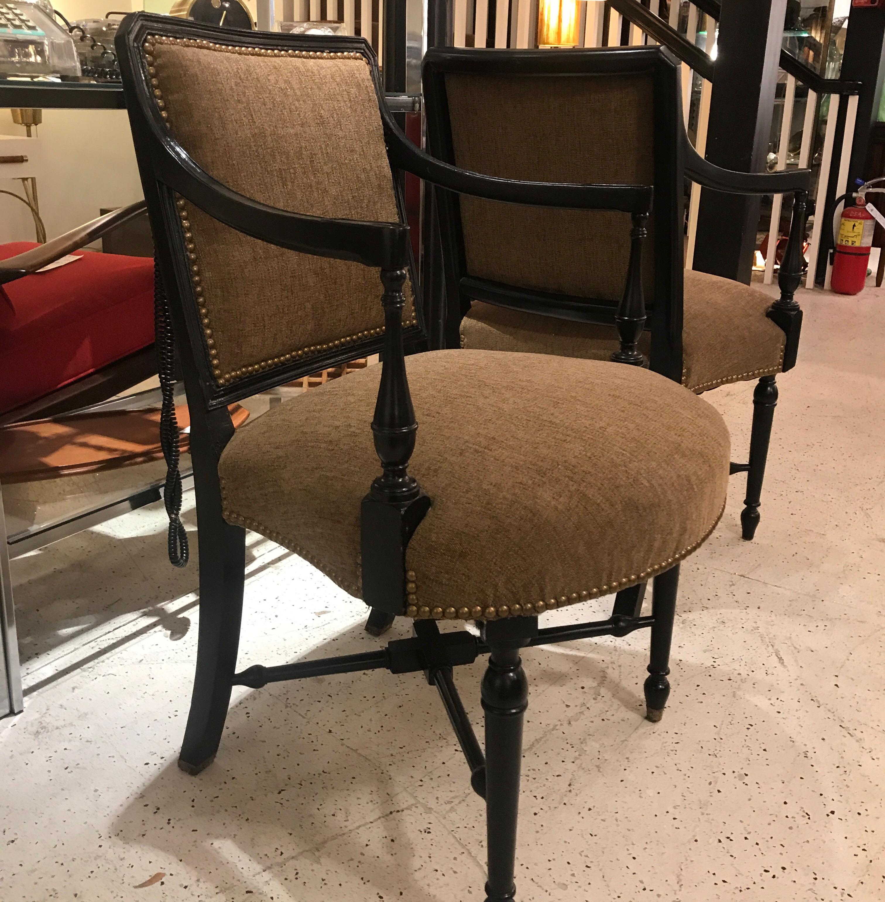 Pair of Antique Ebonized Upholstered Accent Armchairs 5