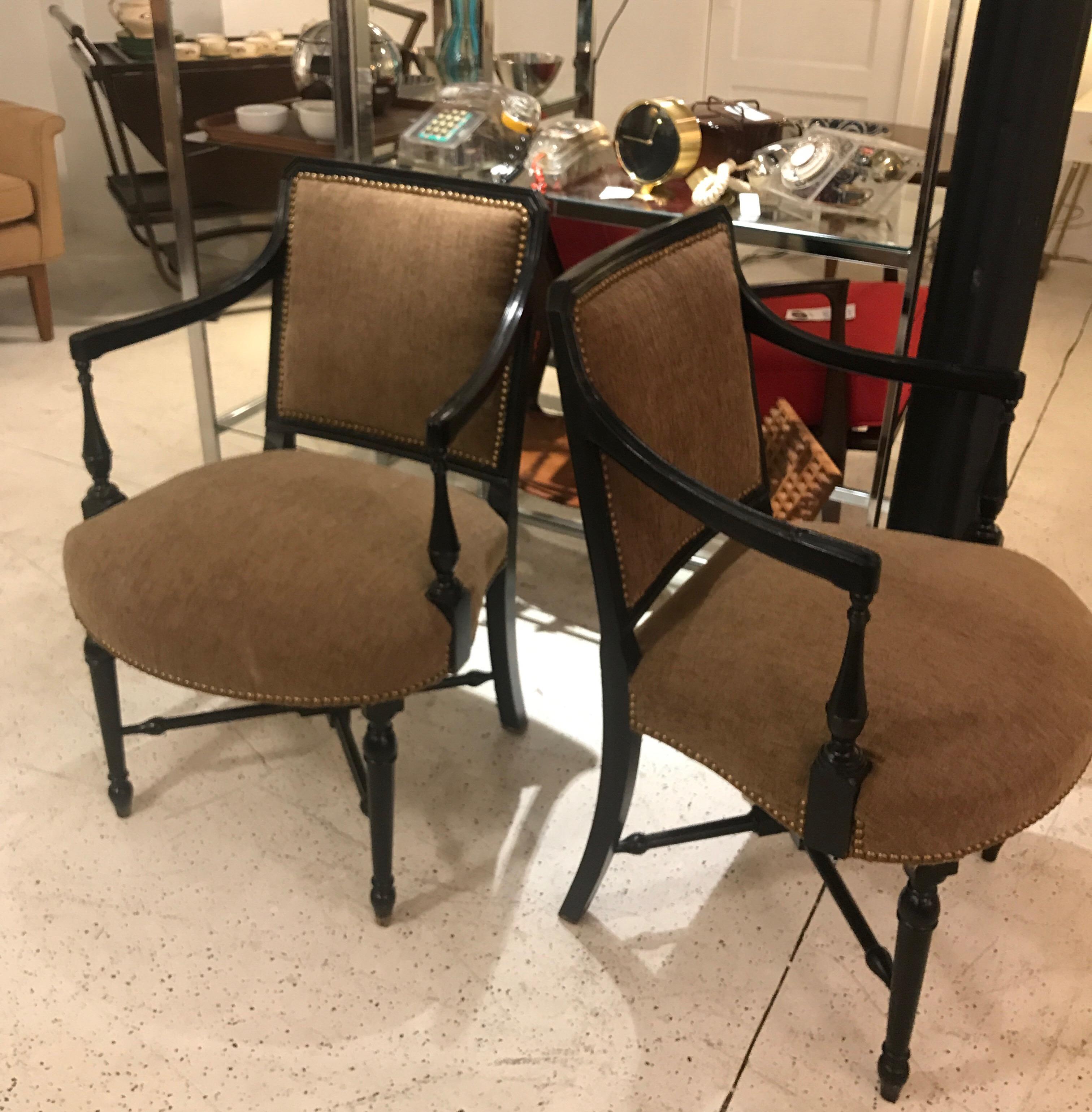 American Pair of Antique Ebonized Upholstered Accent Armchairs
