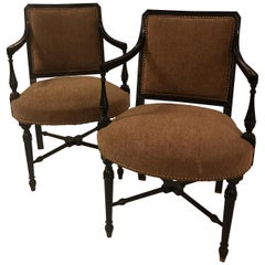 Pair of Antique Ebonized Upholstered Accent Armchairs
