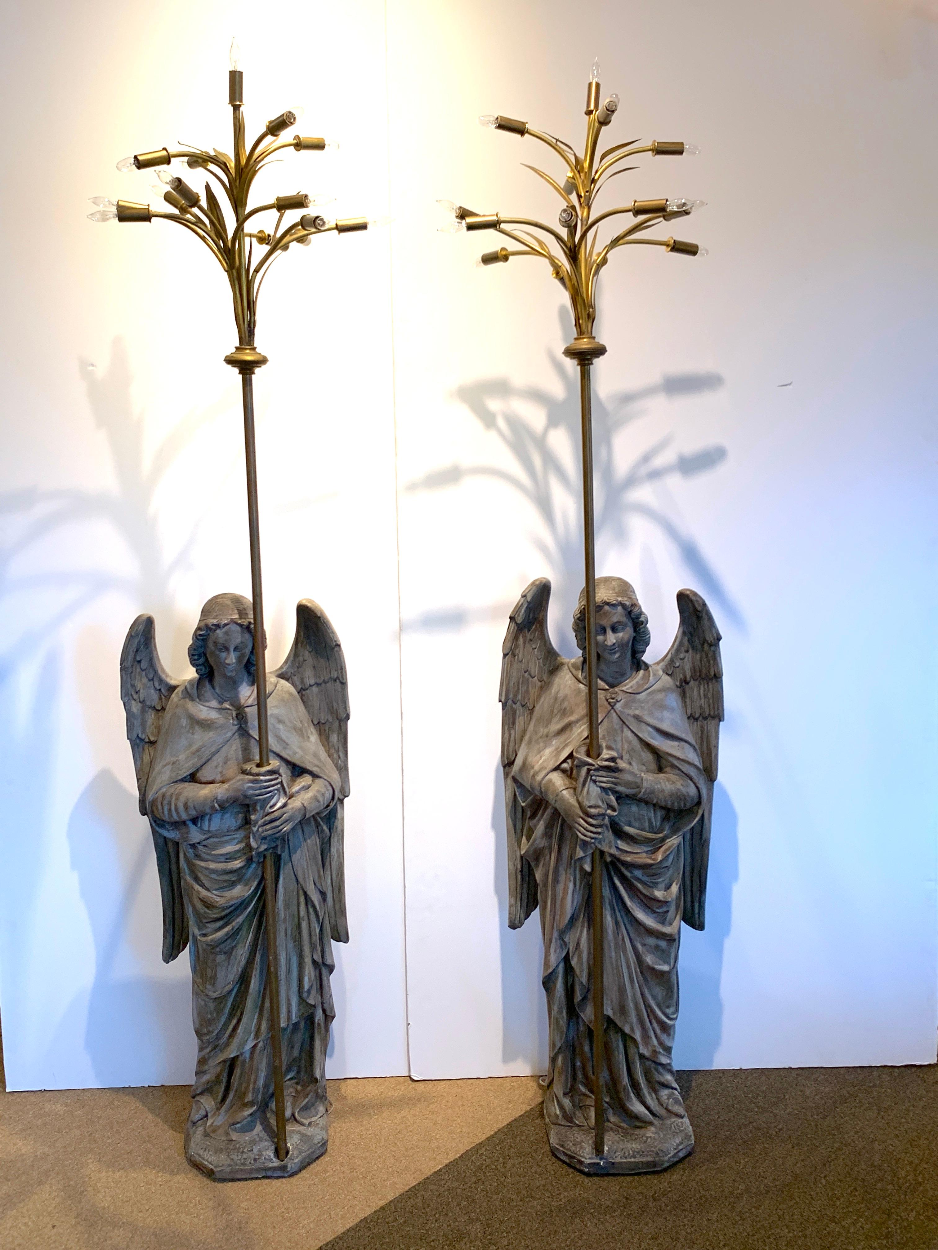 Pair of antique Ecclesiastical Angel torchieres, 7' tall
Each angel standing 48