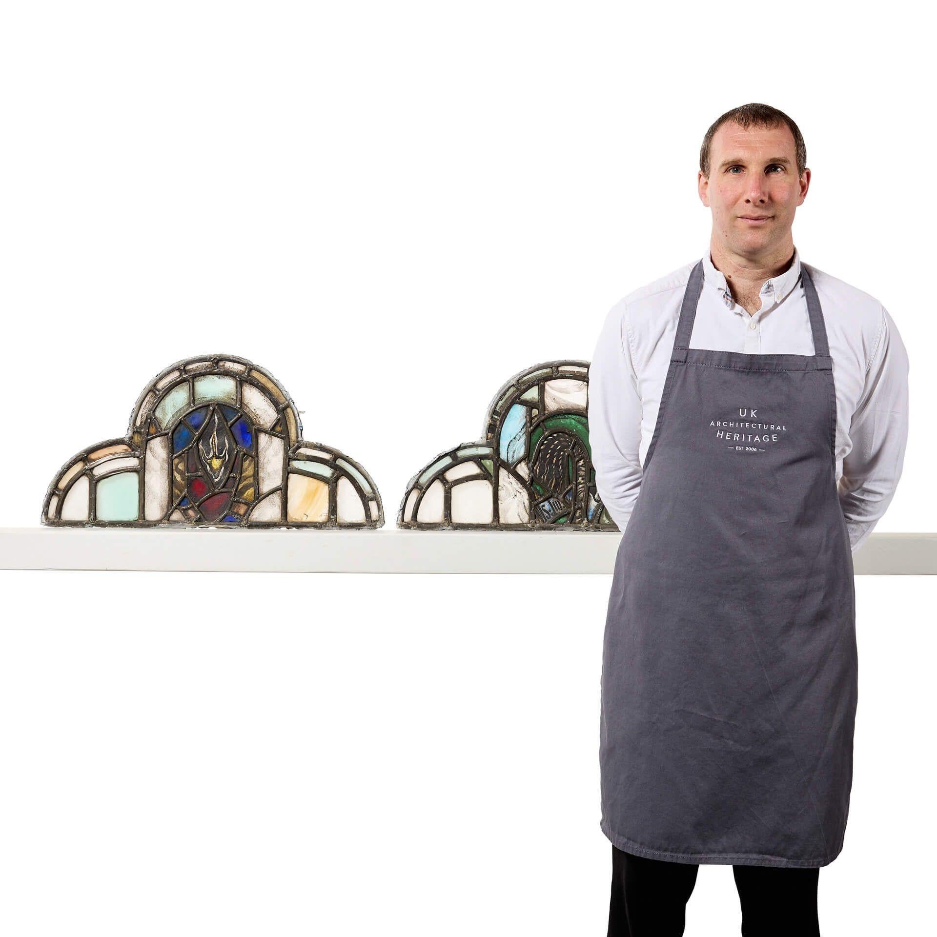 A simple yet elegant pair of antique ecclesiastical multi-arched stained glass panels.
 
Though the pair date from the early 20th century, they will make a stunning feature above a porch or dividing door in properties traditional and modern alike,