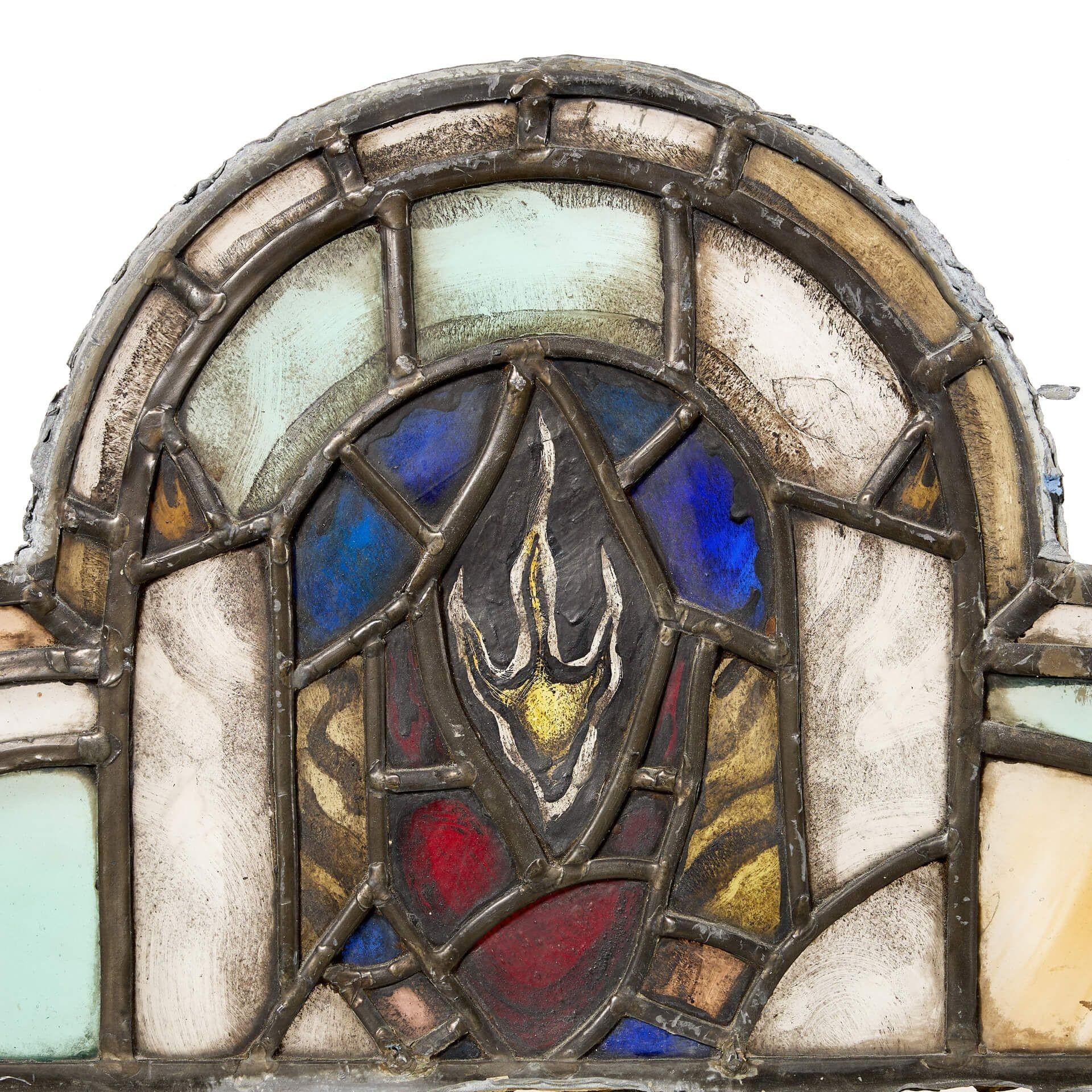 Arts and Crafts Pair of Antique Ecclesiastical Arched Stained Glass Panels For Sale