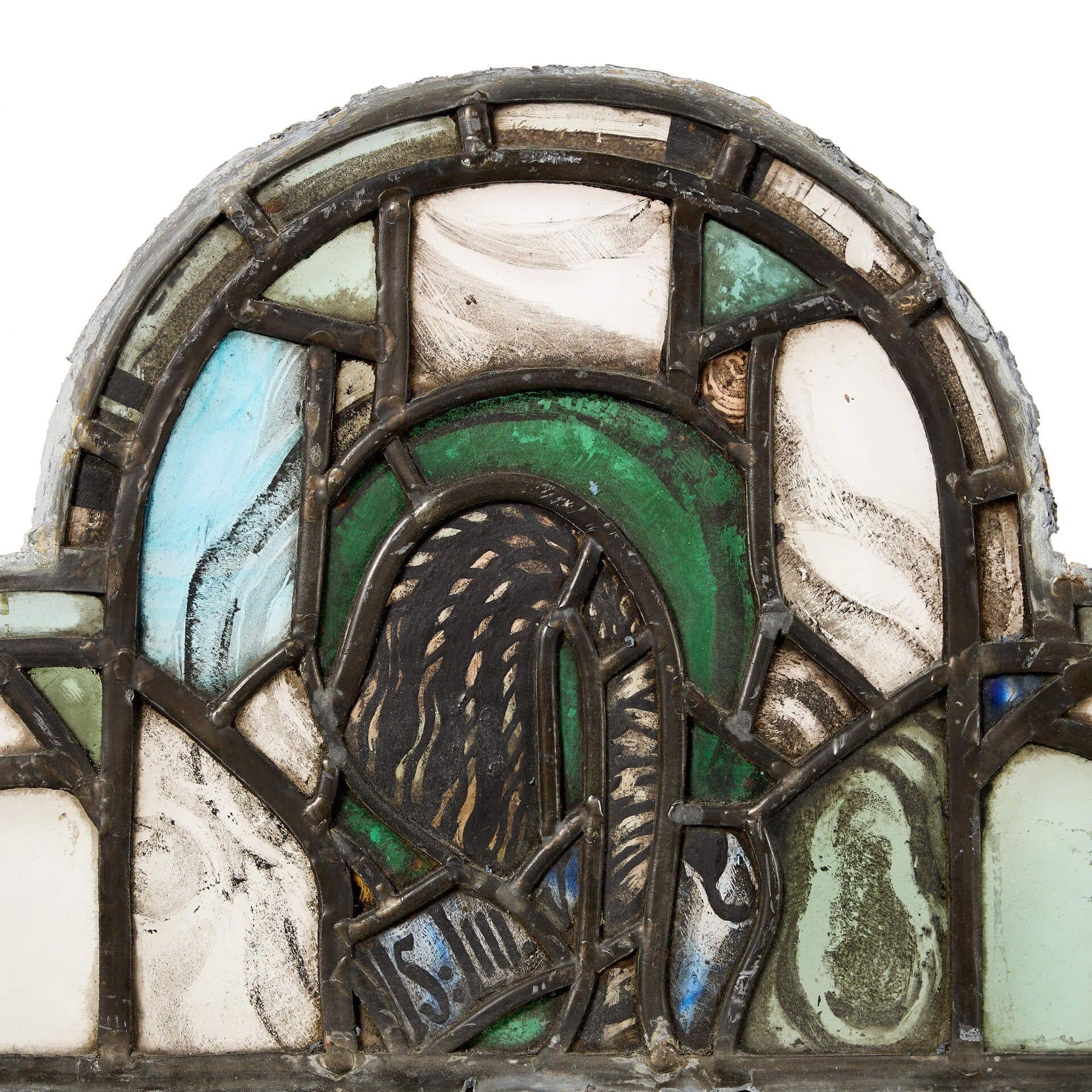 English Pair of Antique Ecclesiastical Arched Stained Glass Panels For Sale