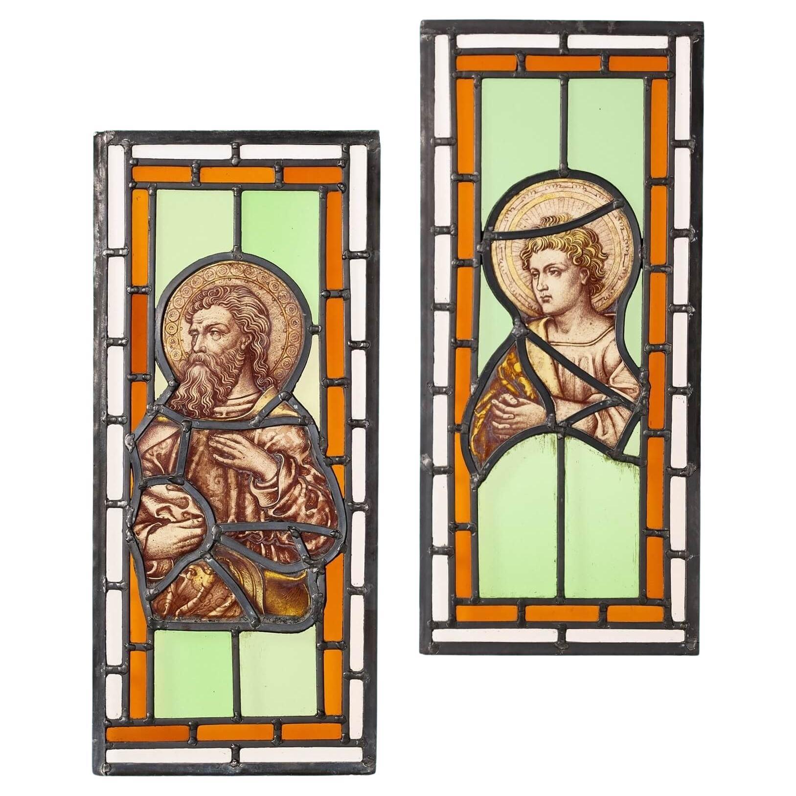 Pair of Antique Ecclesiastical Stained Glass Windows