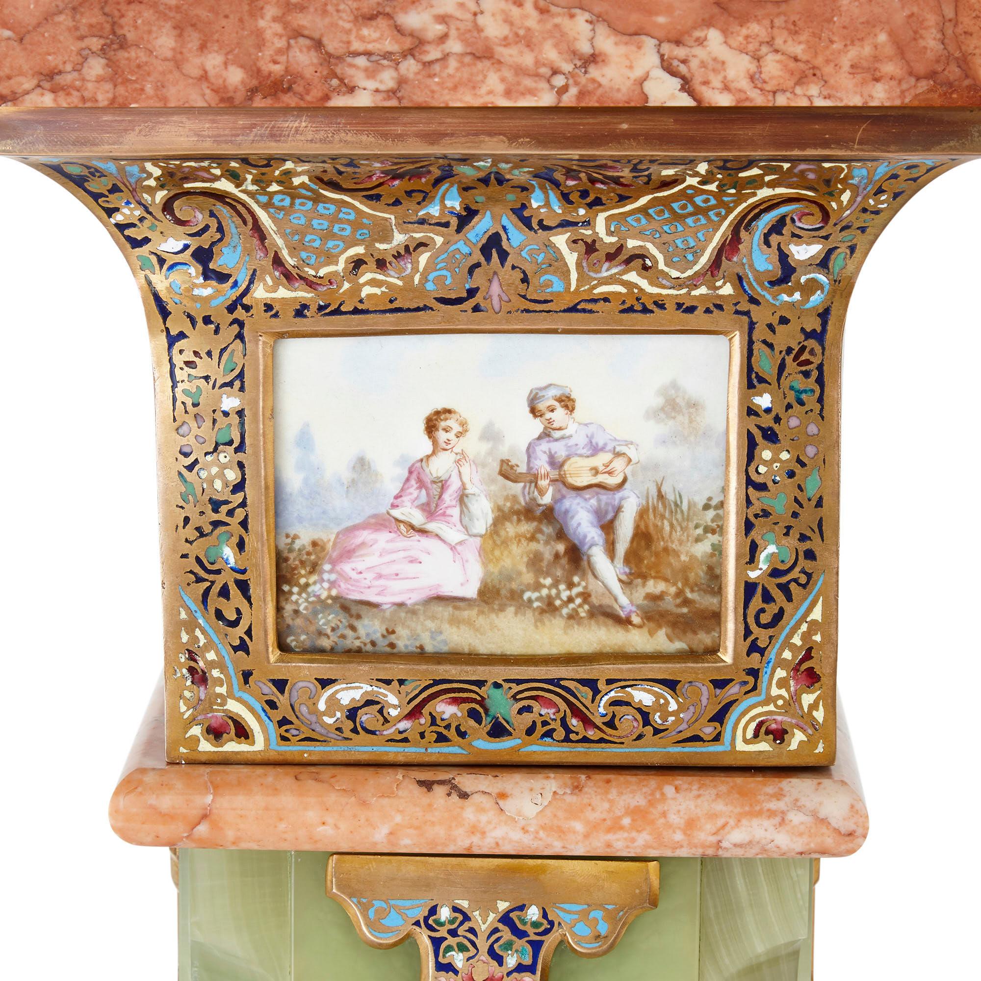 Champlevé Pair of Antique Eclectic Style Onyx and Marble Pedestals For Sale