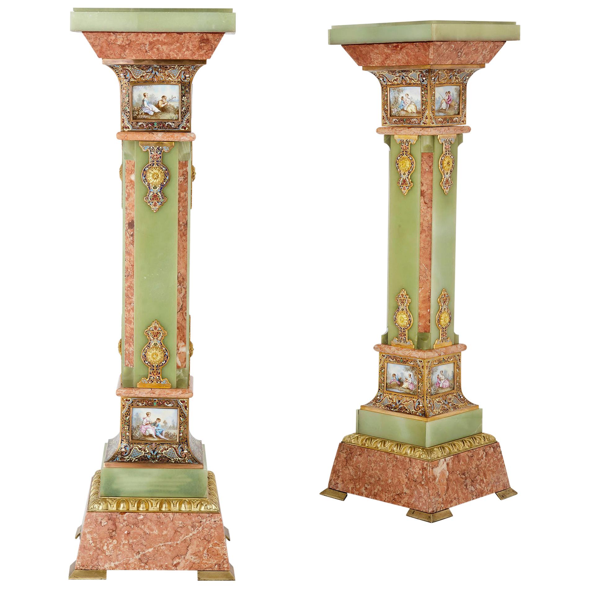 Pair of Antique Eclectic Style Onyx and Marble Pedestals For Sale