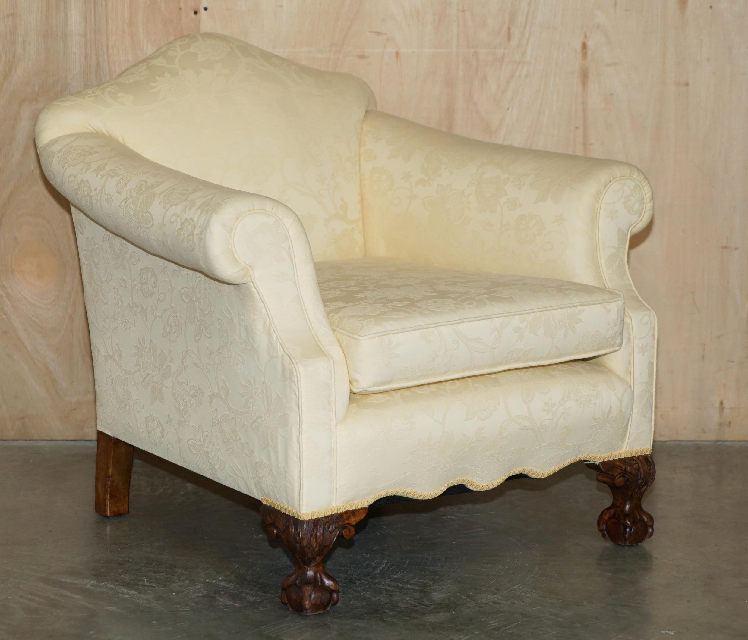 Edwardian PAIR OF ANTiQUE EDWARDIAN 1910 HAND CARVED CLAW & BALL FEET FABRIC ARMCHAIRS For Sale