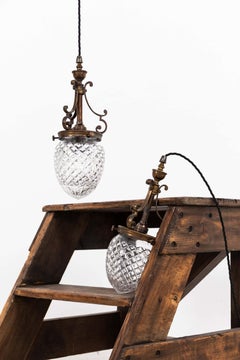 Paar antike Edwardian Arts & Crafts Cut Glass Light Pendelleuchte, C.1910