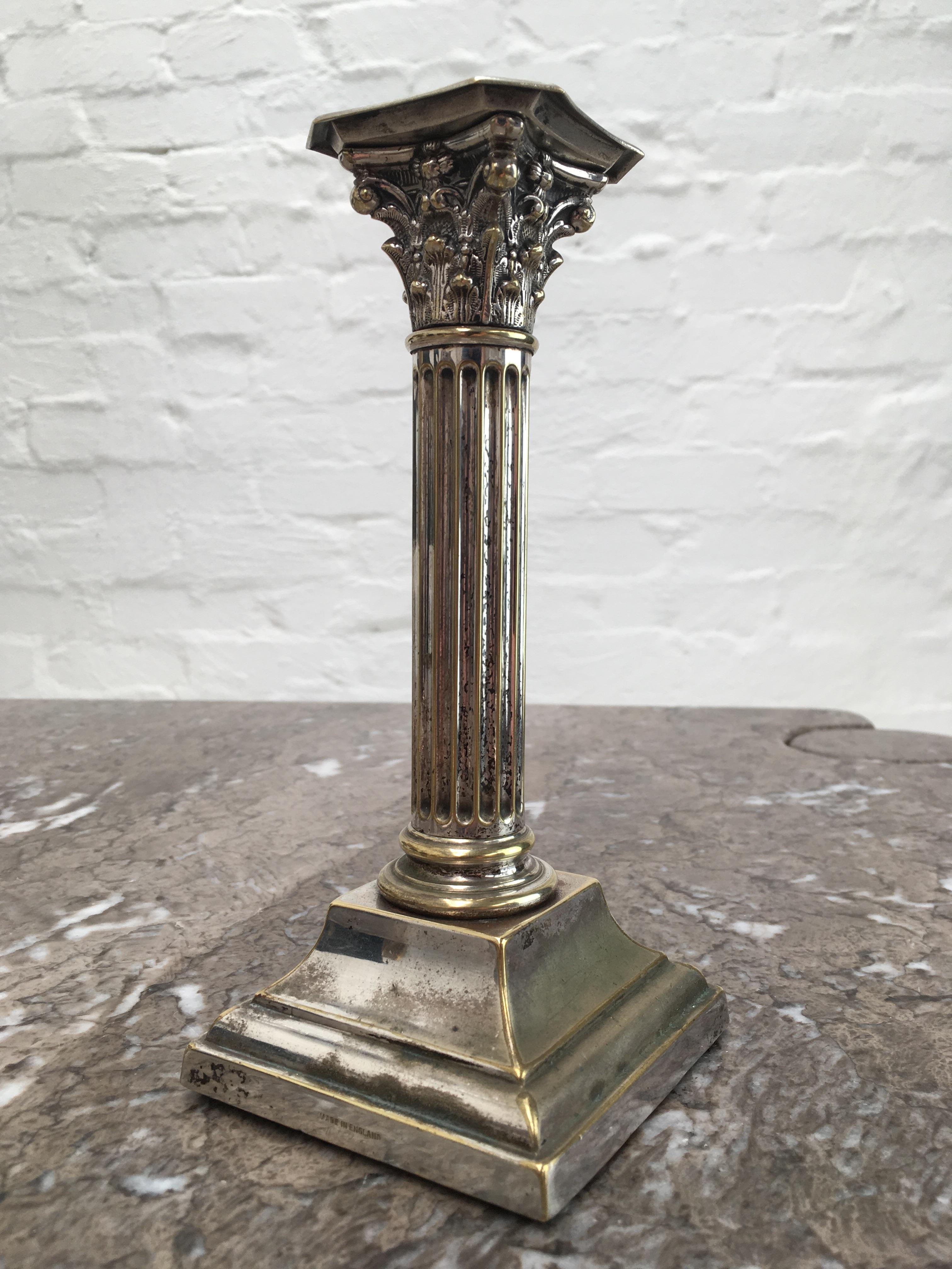 Pair of Antique Edwardian Corinthian Candlesticks in Distressed Silver Plate  4
