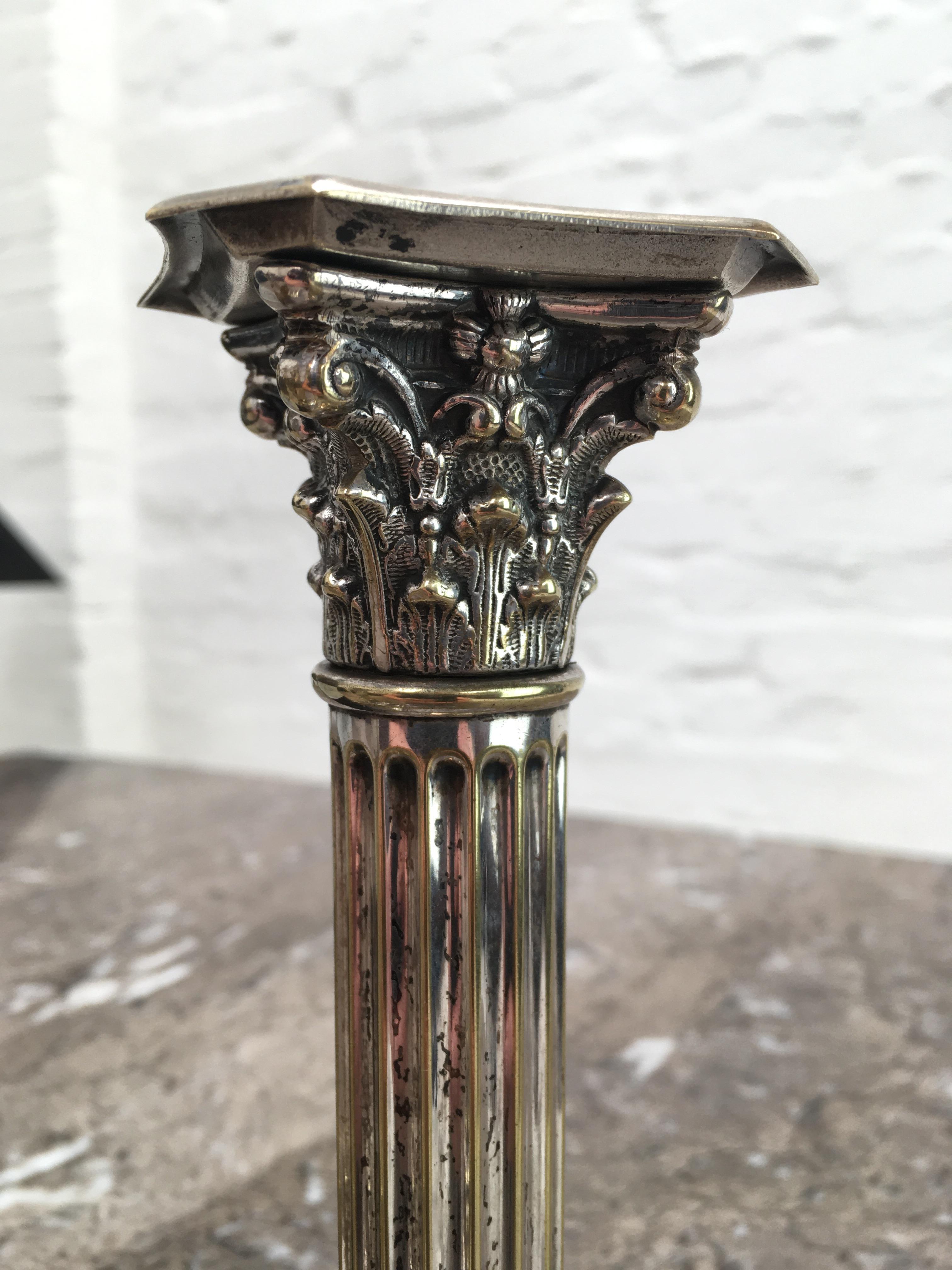 Pair of Antique Edwardian Corinthian Candlesticks in Distressed Silver Plate  8