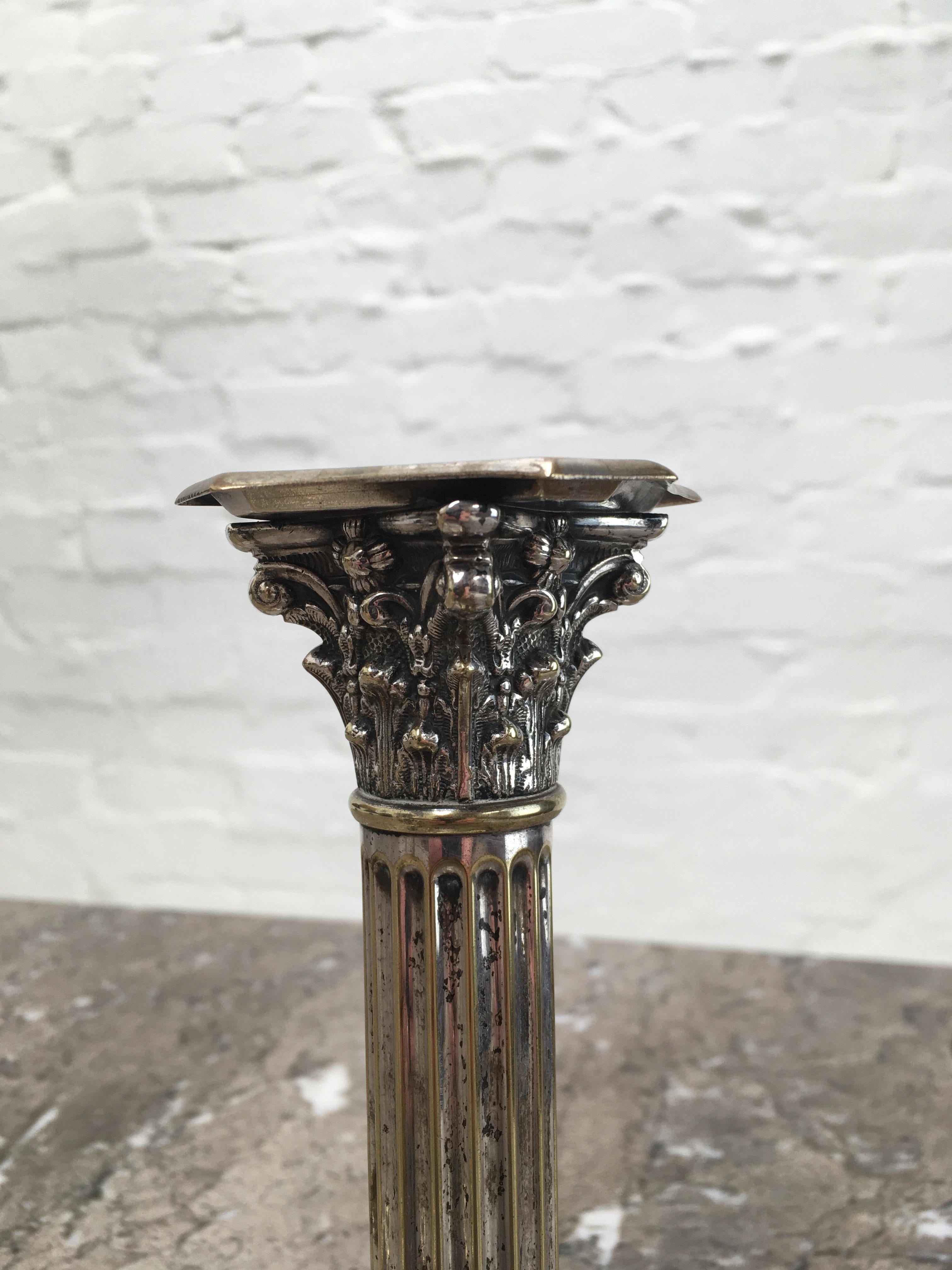 British Pair of Antique Edwardian Corinthian Candlesticks in Distressed Silver Plate 