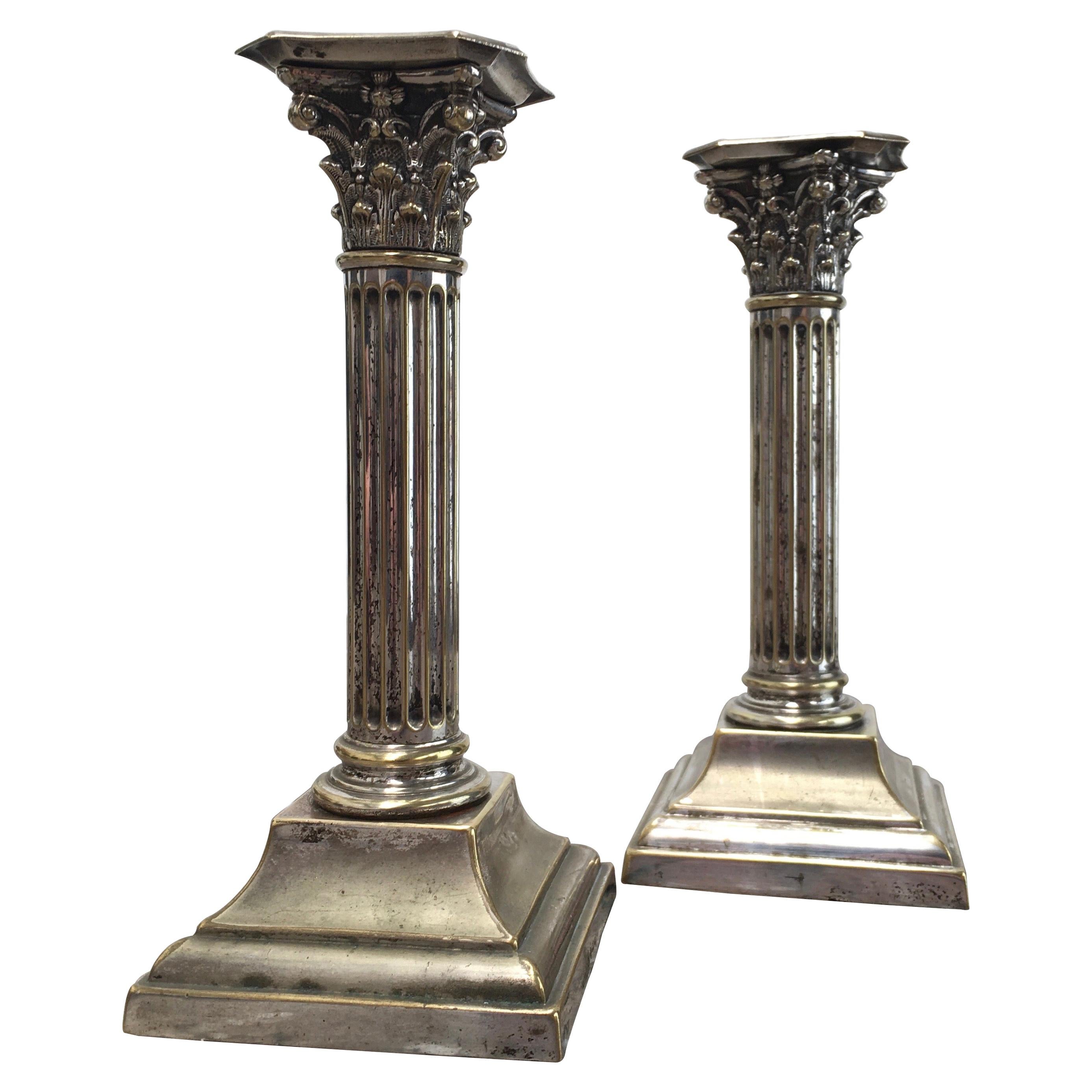 Pair of Antique Edwardian Corinthian Candlesticks in Distressed Silver Plate 