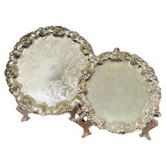 Pair of antique Edwardian engraved silver plated trays 