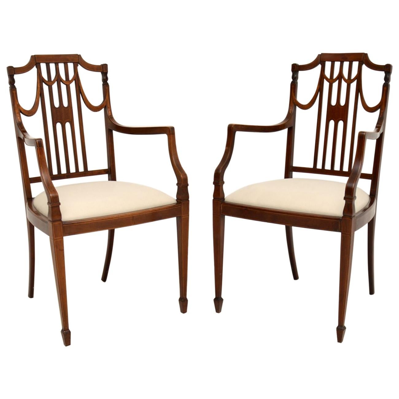 Pair of Antique Edwardian Inlaid Mahogany Armchairs